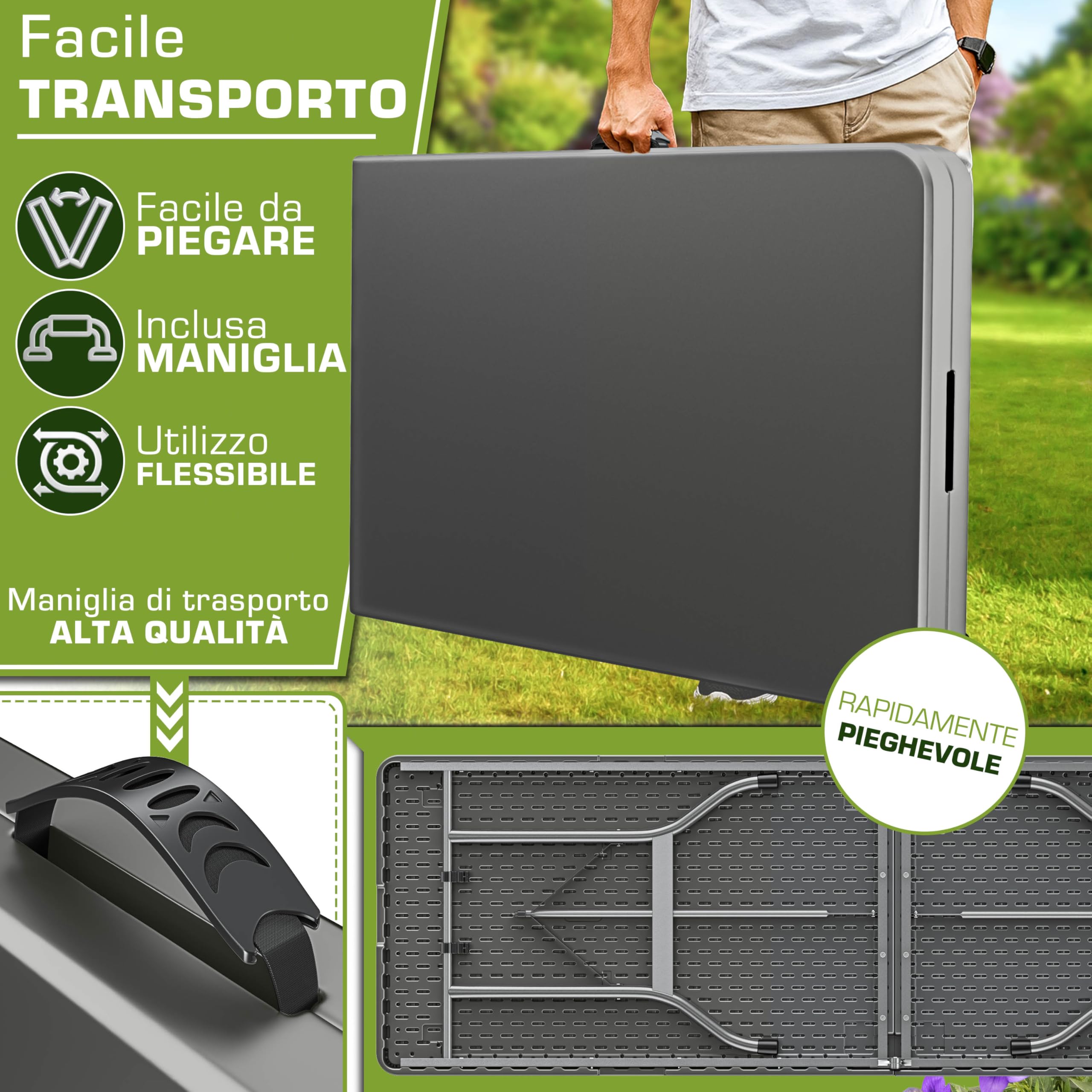 tillvex Tavolo da giardino pieghevole 180x75cm plastica