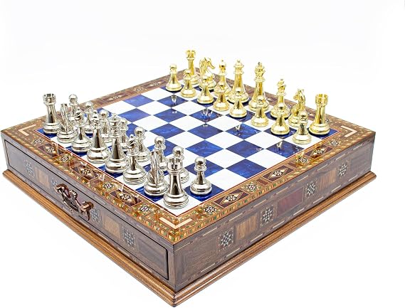 GrandGiftStore Handmade Chess Set with Drawer And Gold-Silver Chess Pieces, Wooden Chess Board with Storage, Premium Chess Set/Blue