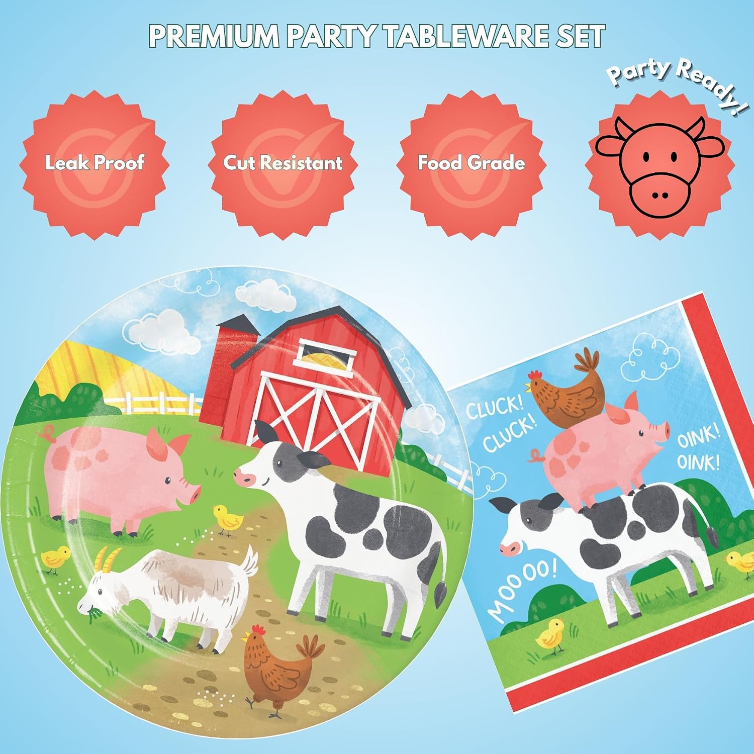 Barnyard Birthday Party Supplies – Farm Animal Paper Dinner Plates, Napkins & Cutlery Set with Red Forks, Spoons & Knives (Serves 16) – Red Barn, Cow, Pig, Chicken Kids Party Decorations