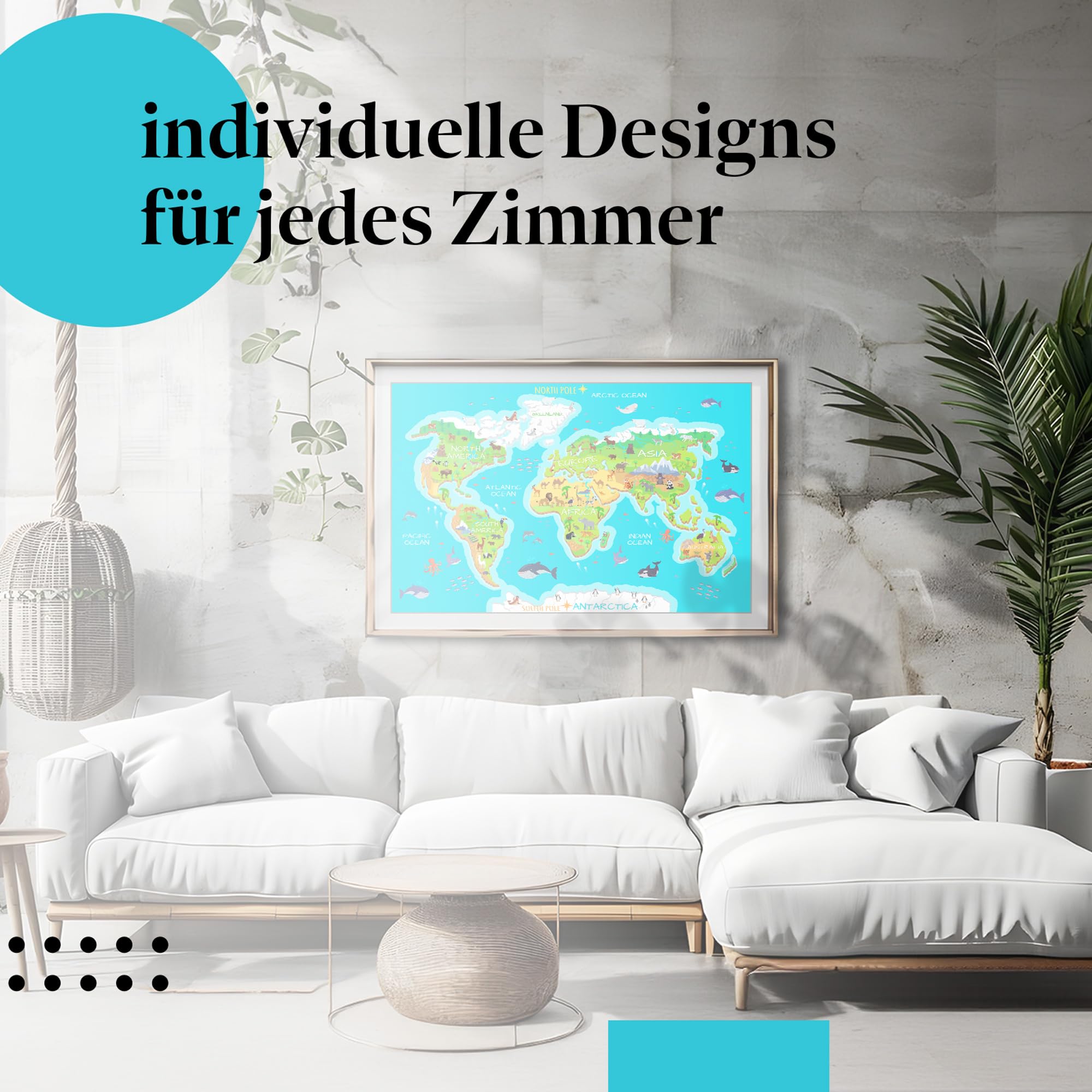 Postereck - 0863 - Weltkarte, Kinder Tiere Kontinente Lernen Schule - Unterricht Klassenzimmer Schule Wandposter Fotoposter Bilder Wandbild Wandbilder - Leinwand - 75,0 cm x 50,0 cm