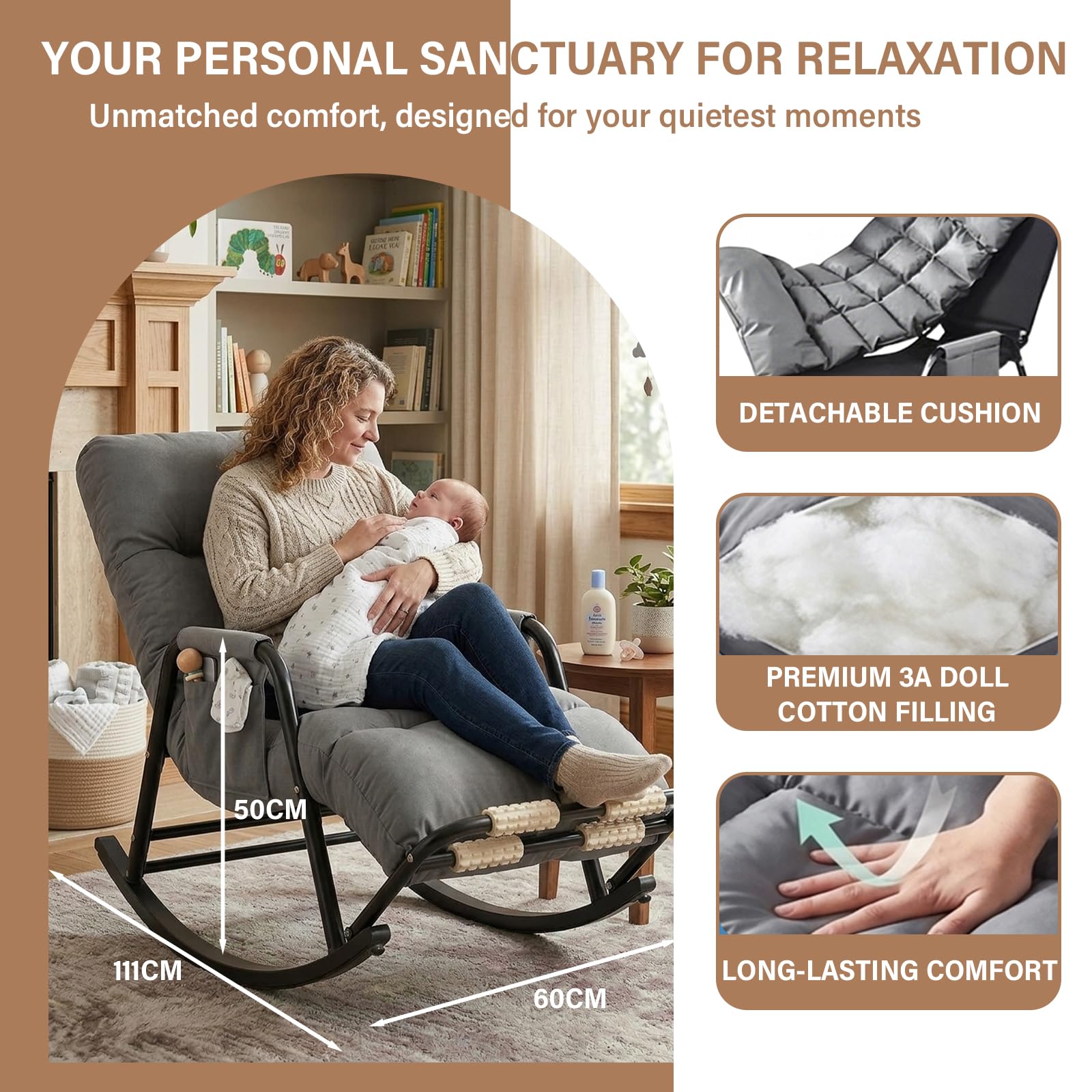 Fauteuil à Bascule avec Repose-Pieds, Dossier et Repose-Pieds Réglables 5 Positions, Repose-Pieds Massant, Revêtement Résistant, Structure en Acier, Gris, Salon, Chambre Bébé, 60×111×50 cm