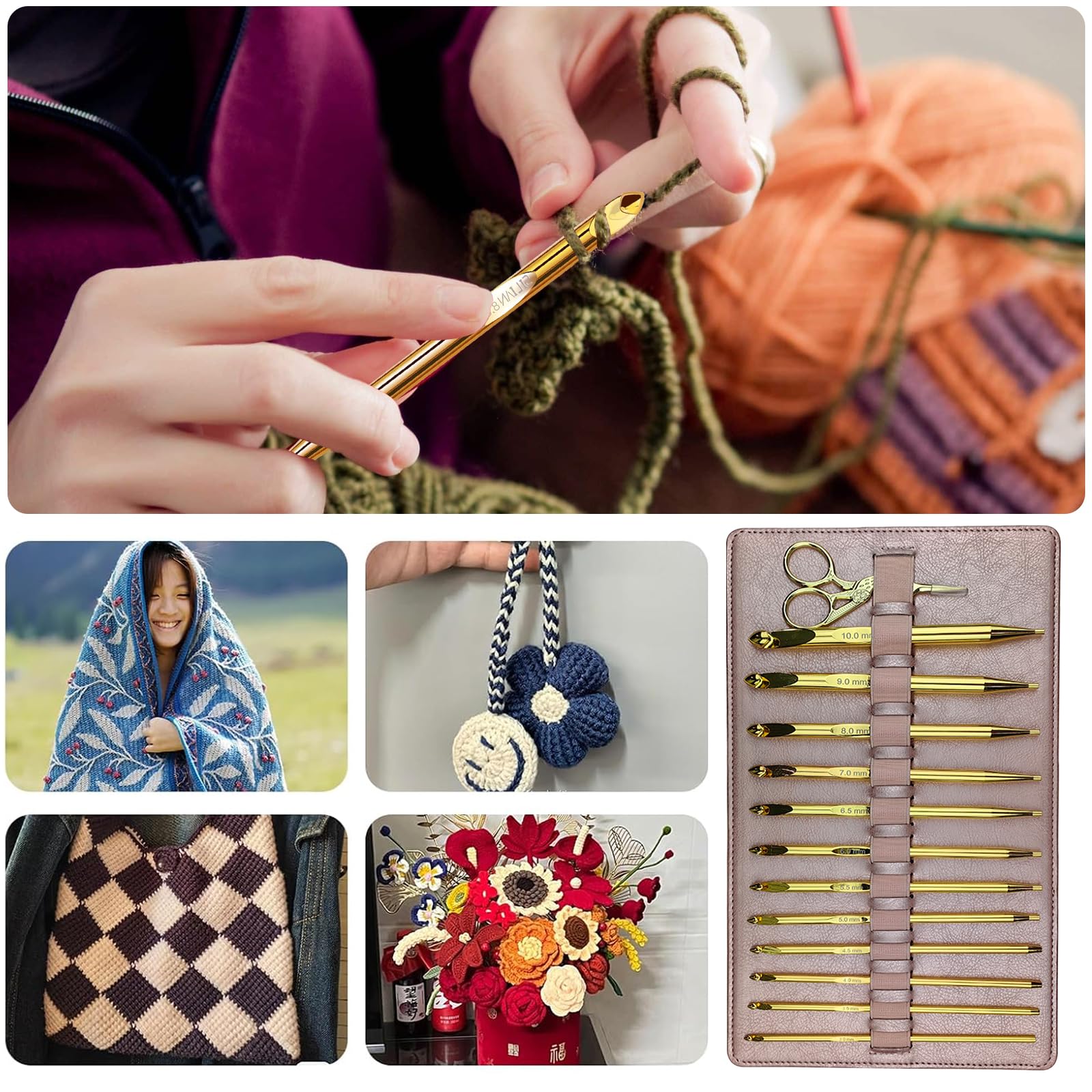 LetCart Juego de 12 agujas de ganchillo tunecinas con funda de poliuretano rosa, agujas de crochet de aluminio cromado para tejer alfombras con tijeras y accesorios