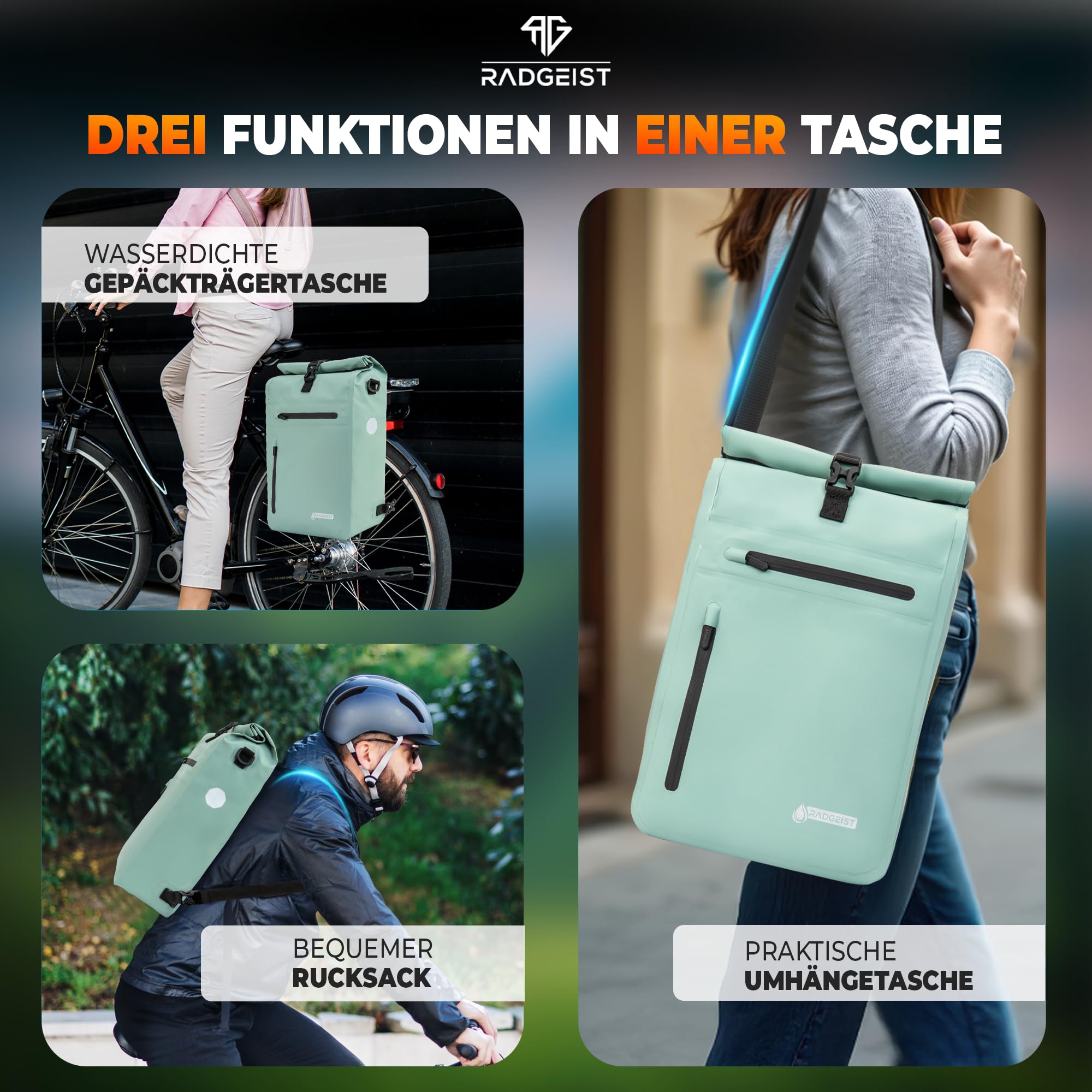 RADGEIST Alforja 3 en 1 para portaequipajes, impermeable, extra resistente, con enganche rápido, mochila (20 litros), color menta