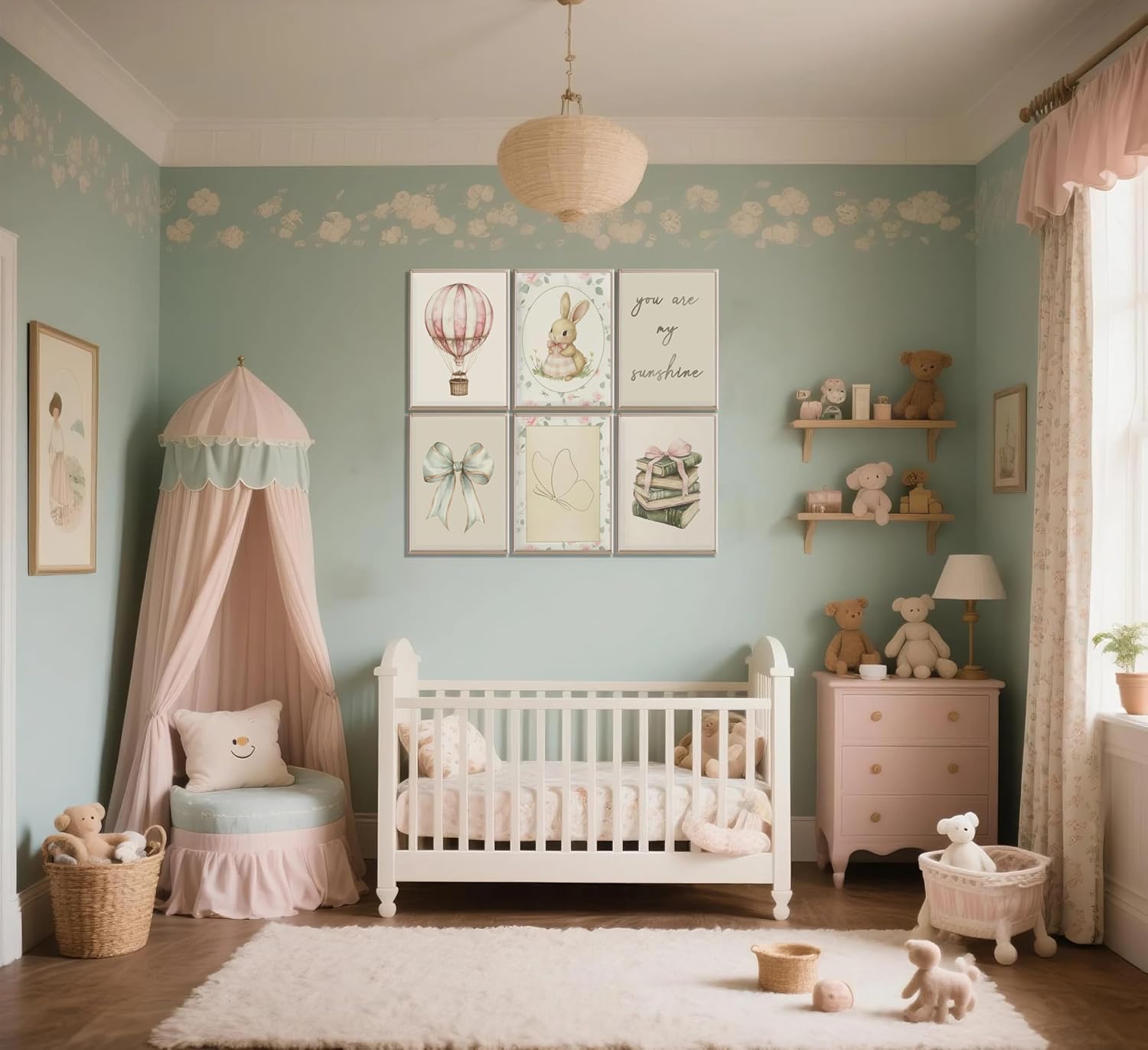 JJN 6pcs Vintage Nursery Wall Art Green Bunny Butterfly Bow Wall Decor Prints Nursery Bow Canvas Poster Baby Girl Room Rabbit Picture Vintage Painting for Girl Bedroom Unframed