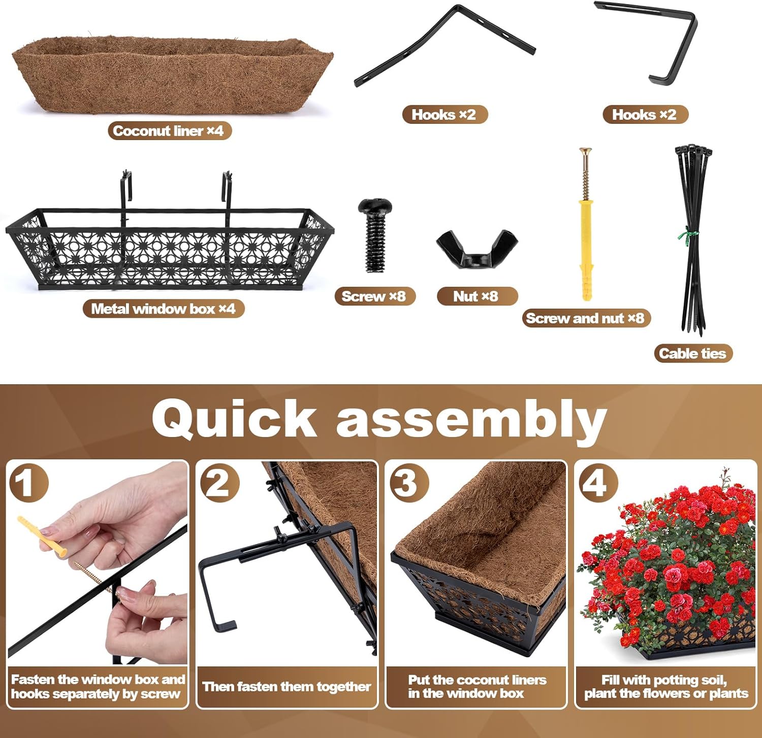 24 Inch Window Box Planters Outdoor,Deck Railing Planter Boxes with Coco Liner,Metal Hanging Window Flower Boxes for Balcony Fence Porch Garden Railing