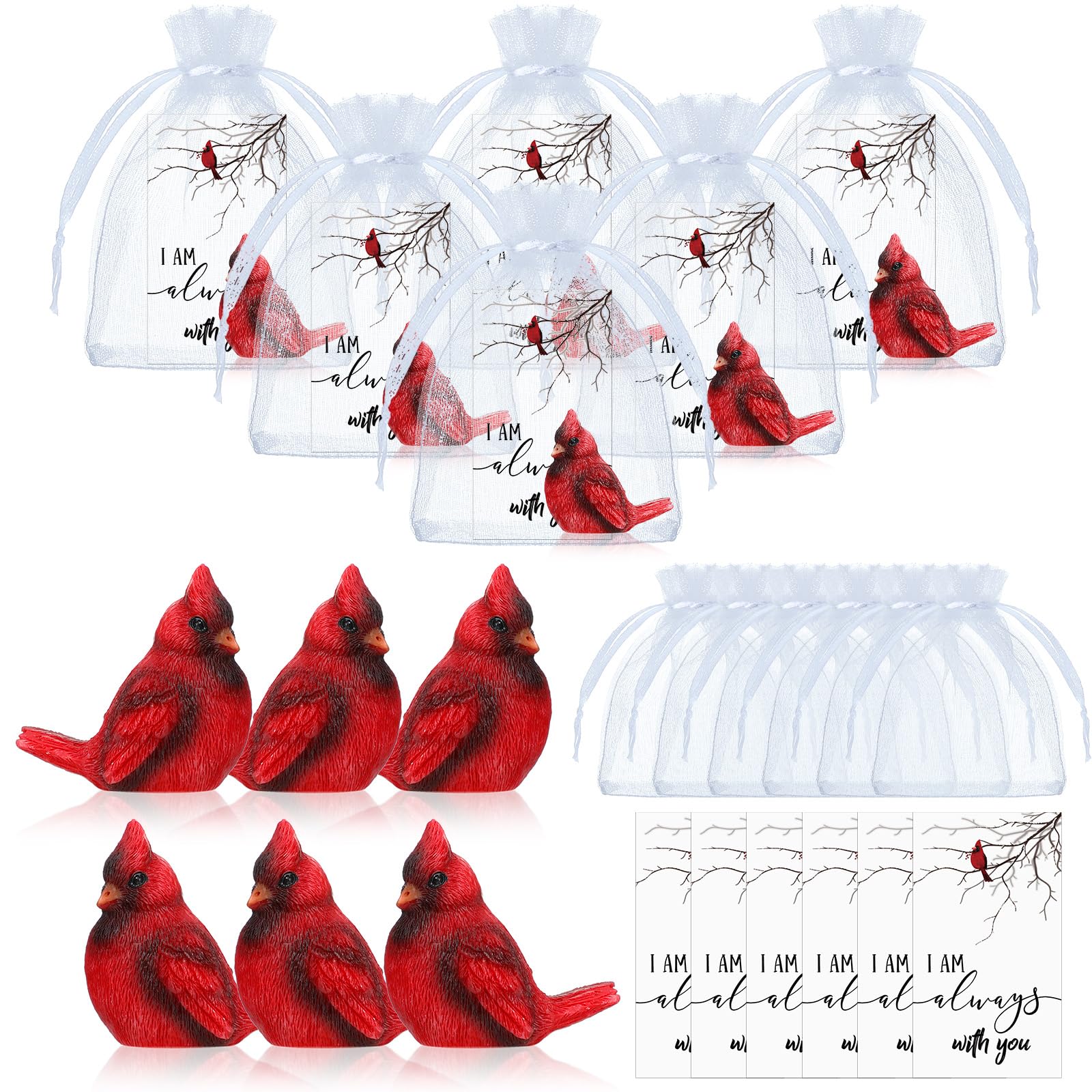 Roowest 18 Pcs Cardinal Memorial Gift Set Include Mini Red Cardinal Bird Statue Figures, Red Feathered Cards, Organza Bags for Loss of Loved One Sympathy Memorial Gift Funeral Memory