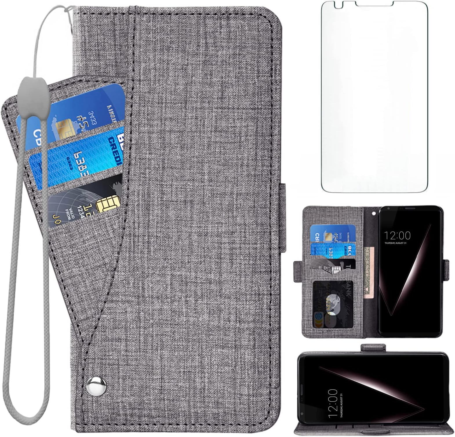 AsuwishCompatible with LG V35 ThinQ V30 Plus Wallet Case Tempered Glass Screen Protector and Flip Cover Card Holder Cell Accessories Phone Cases for LGV30 LGV35 LG30 LG35 V 30 35 V30+ V30s H931 Gray