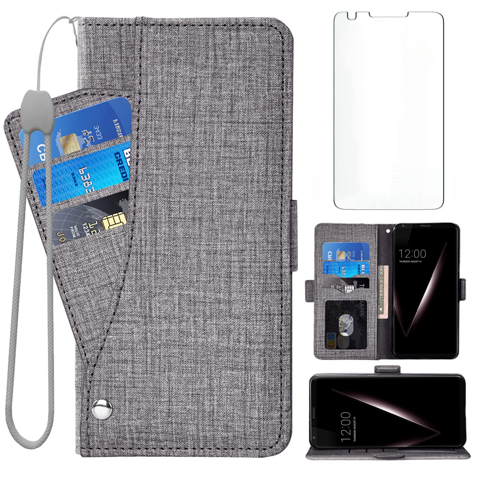 AsuwishCompatible with LG V35 ThinQ V30 Plus Wallet Case Tempered Glass Screen Protector and Flip Cover Card Holder Cell Accessories Phone Cases for LGV30 LGV35 LG30 LG35 V 30 35 V30+ V30s H931 Gray