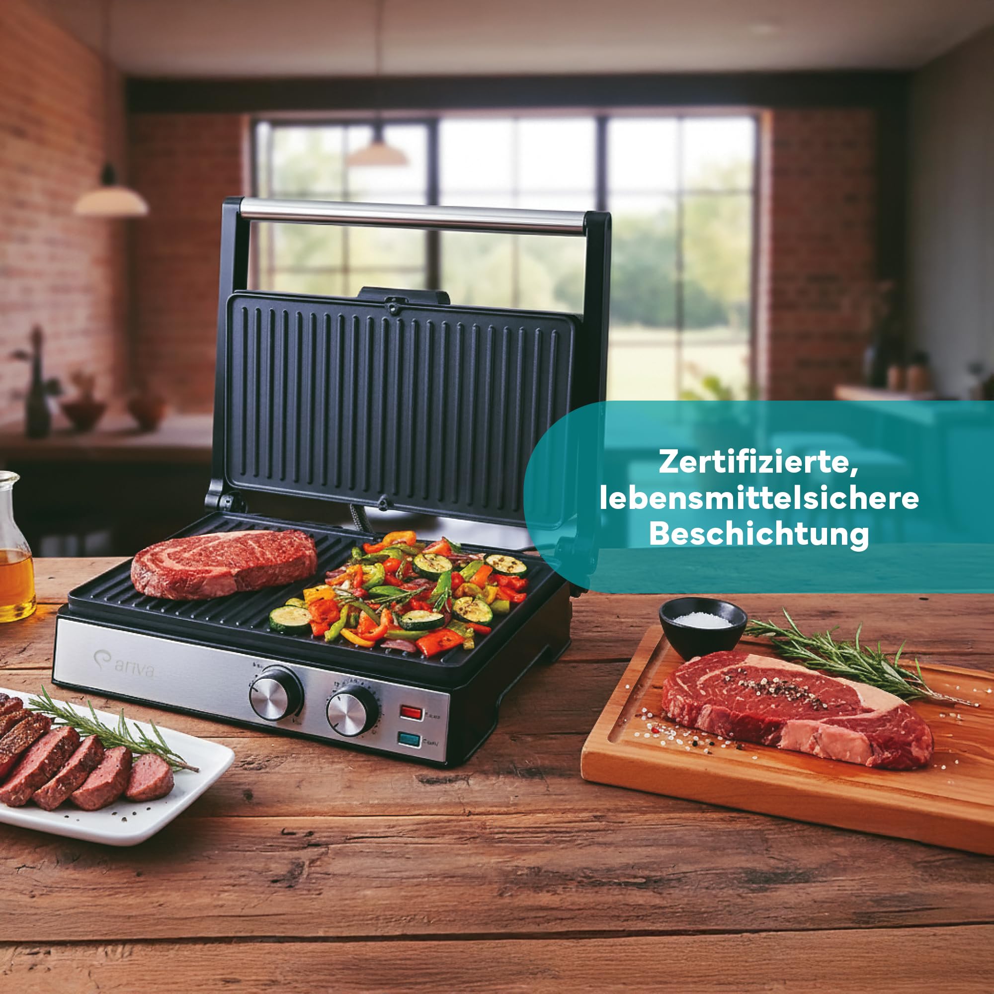 ARIVA Elektro Kontaktgrill 2000W mit Keramikbeschichtung – 2-in-1 Tischgrill 180° aufklappbar, Panini Maker mit Timer & Temperaturregler, Fettauffangschale, Antihaftbeschichtet, Silber