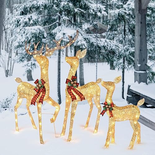 Miniatura 6 de Yescom Juego familiar de ciervos navideños iluminados de 3 piezas con 420 luces LED decoración artificial de Navidad patio decoración al aire libre