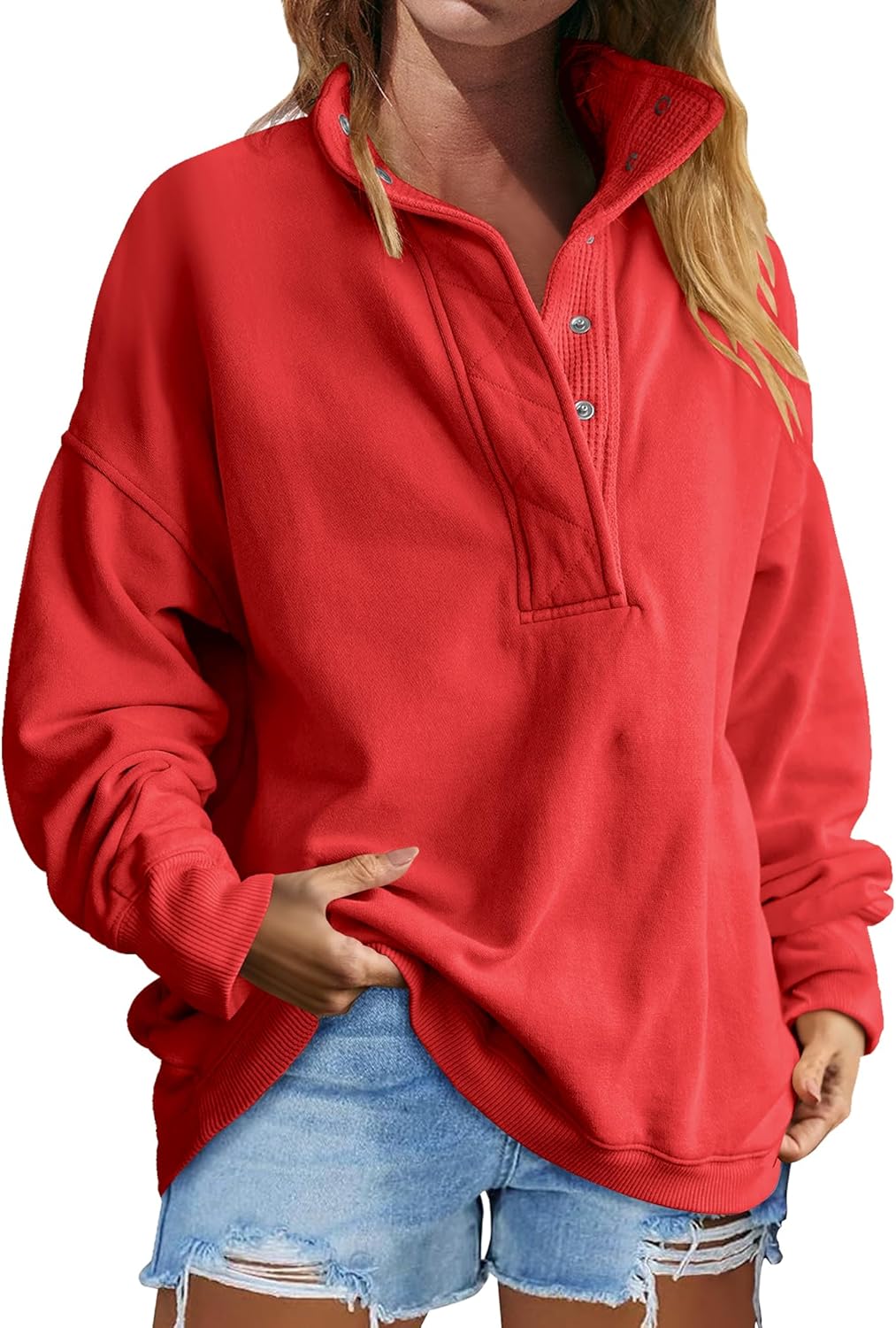 Women's Oversized Sweatshirts Button Up Henley Neck Pullover Tops Loose Fit Fashion Outfits Clothes