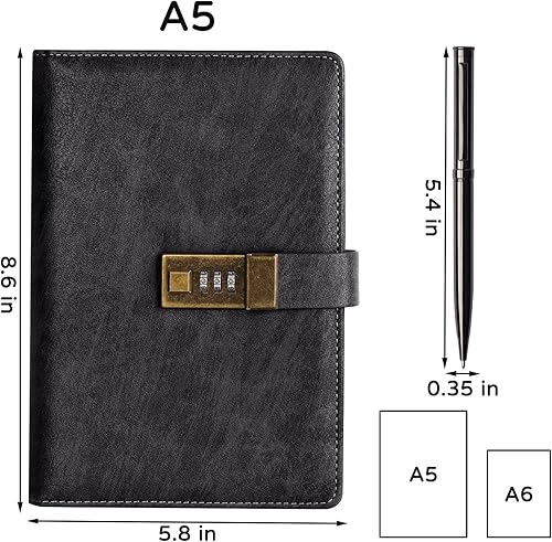 Vista 4 de WEMATE Diario con cerradura, diario A5 de piel sintética con candado, 240 páginas, diario de cerraduras vintage, cuaderno de contraseña con Negro