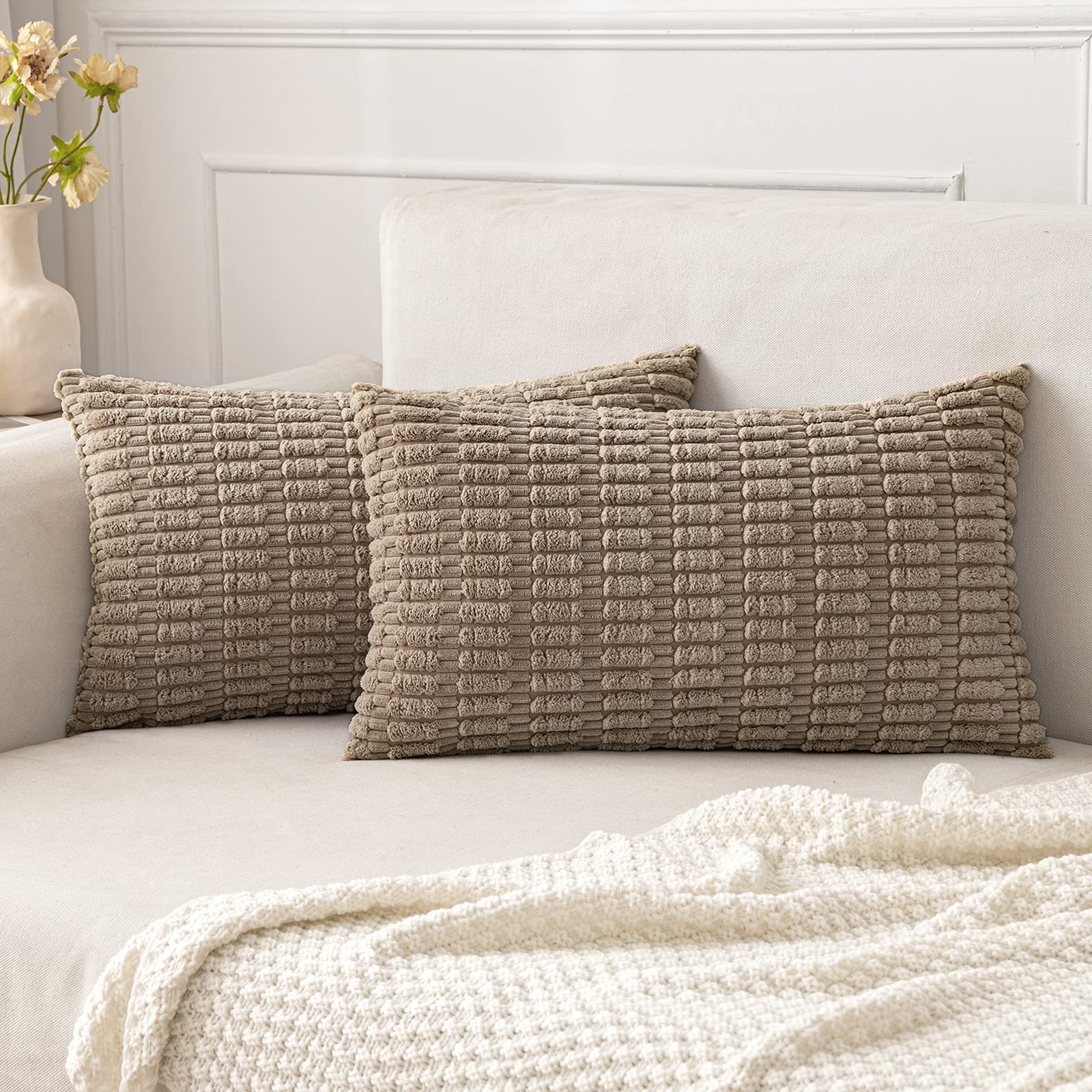 MIULEE Pack of 2 Corduroy Decorative Throw Pillow Covers 12x20 Inch Soft Boho Striped Pillow Covers Modern Farmhouse Home Decor for Sofa Living Room Couch Bed Light Brown