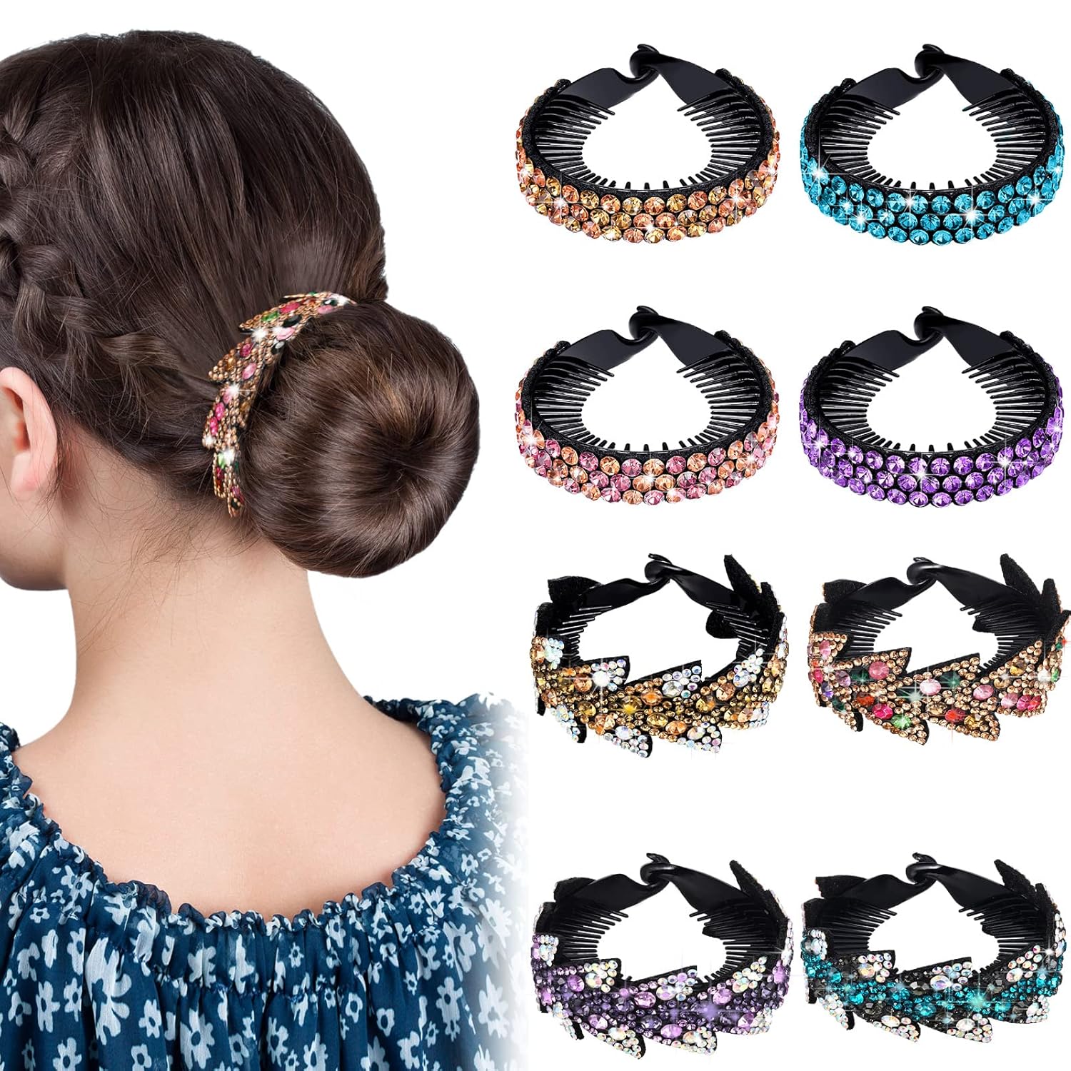 8 Pcs Bun Clip Large Rhinestone Bun Cover Tassel Claw