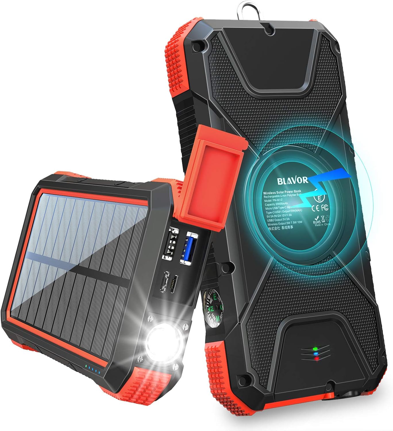 BLAVOR Solar Charger Power Bank 18W, QC 3.0 Portable Wireless Charger 10W/7.5W/5W with 4 Outputs & Dual Inputs, 20000mAh External Battery Pack IPX5 Waterproof with Flashlight & Compass (Red) : Cell Phones & Accessories