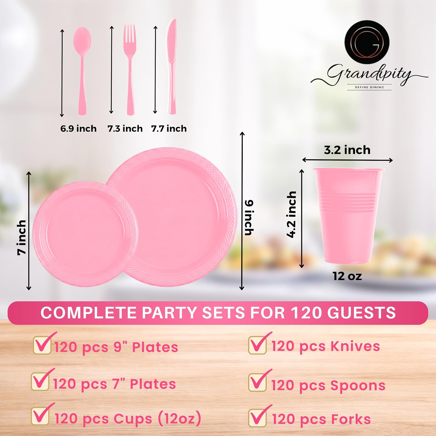 Grandipity 720 Piece Disposable Dinnerware Set, Plastic Dinnerware Set Includes 120 Count 9' Dinner Plates, 7' Dessert Plates, 12oz Cups, Forks, Knives & Spoons - Pink