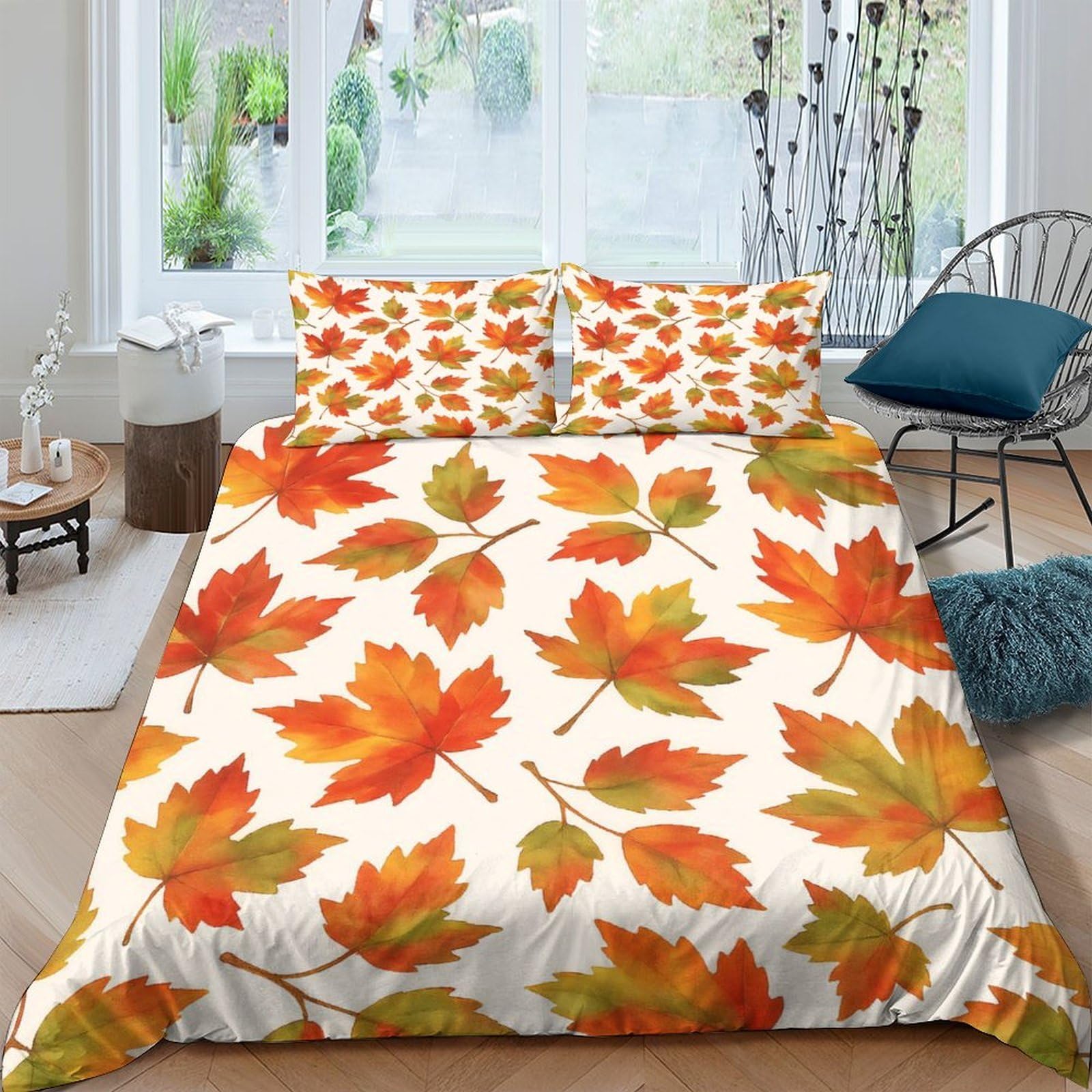 GPLZQXKJNH 3D Printed Autumn Maple Leaf Duvet Cover Set Microfiber Soft Breathable Fall Leaves Bedding Set with 2 Pillowcases for Bedroom Home Decor Single（135x200cm）