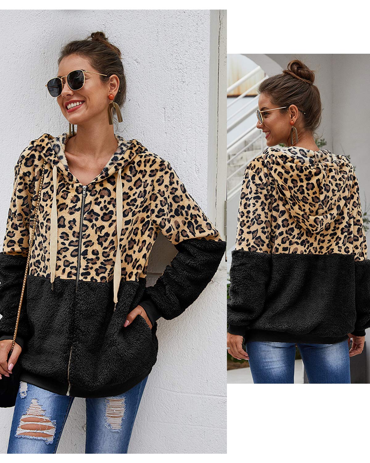 ABINGOO Abrigo Mujer Chaqueta Suéter Otoño Invierno Leopardo Lana Sudadera con Capucha