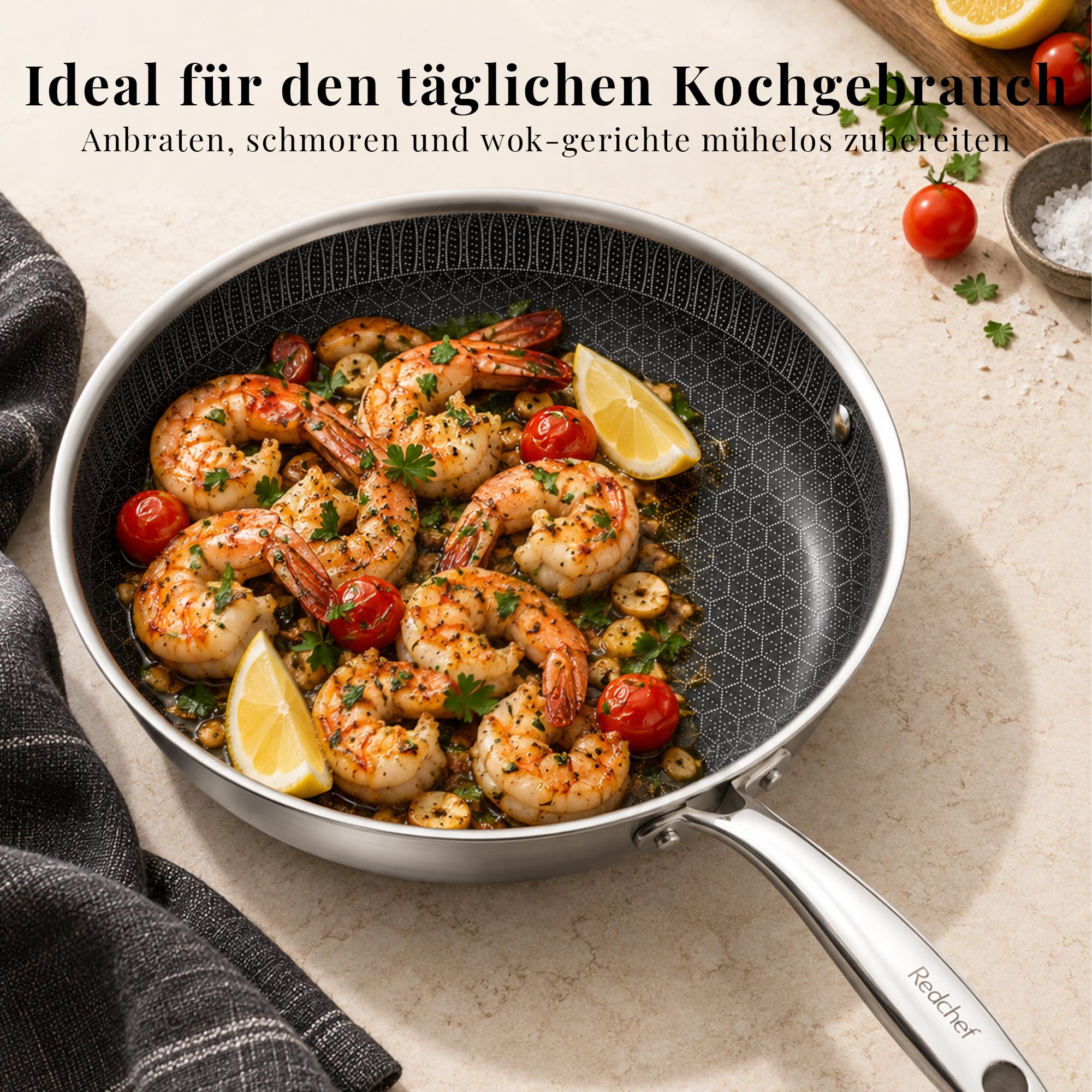 Redchef Hybrid Bratpfanne 26 cm – Edelstahl-Pfanne mit kratzfester Wabenstruktur und Keramik-Antihaftbeschichtung, PFAS- und PTFE-frei, induktionsgeeignet, backofen- und spülmaschinenfest