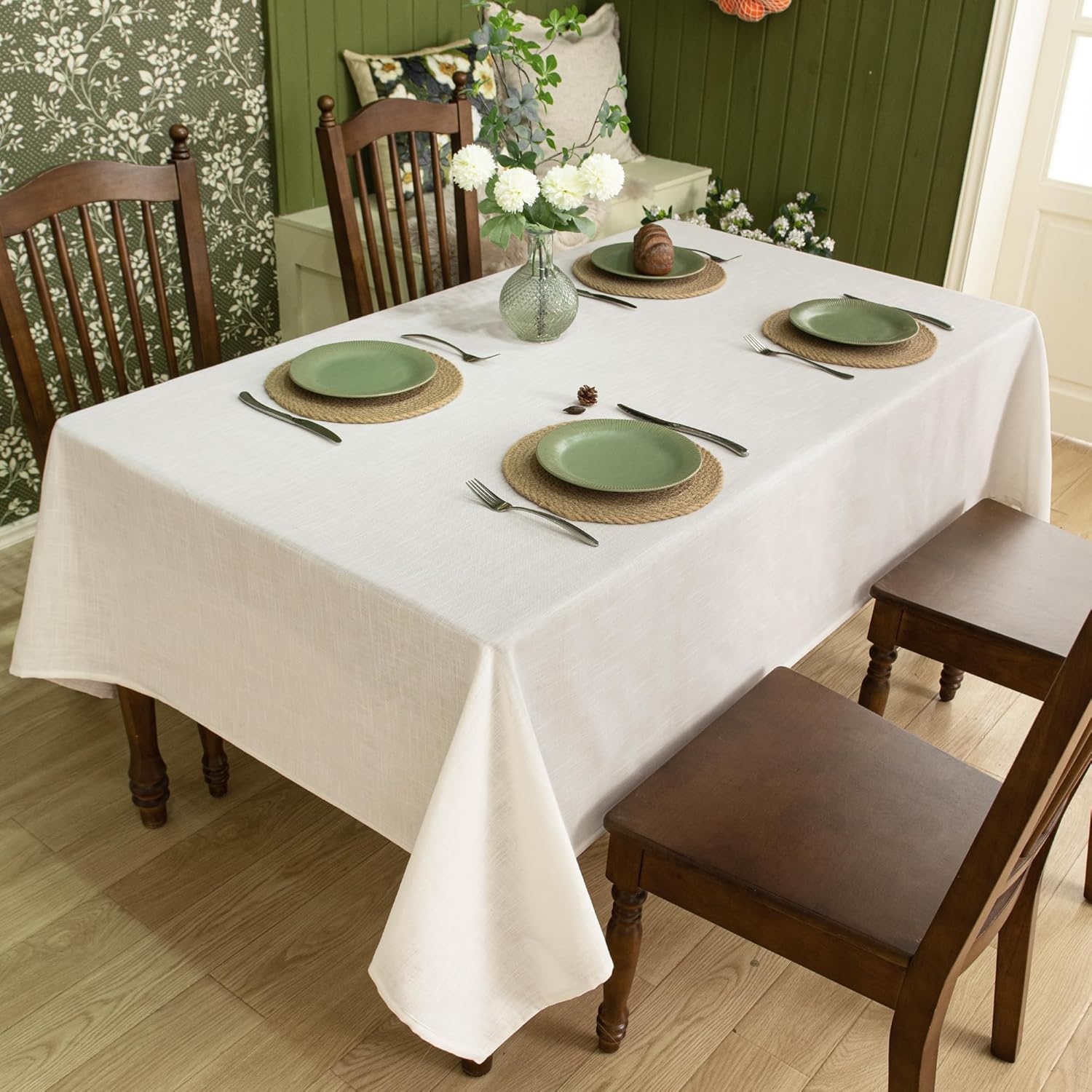 Natural Linen Rectangle Tablecloth, 2 Pack Slubby Textured Fall Lightweight Table Cloth 60 x 84 Inch, Water Resistant Stain Resistant Farmhouse Burlap Table Cover for Kitchen Dining Room, Ivory