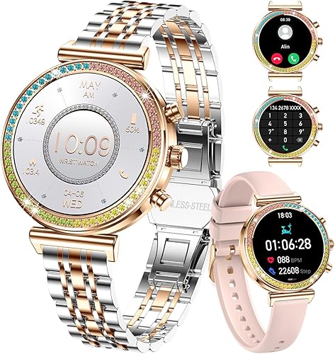 Vista 9 de Reloj inteligente para mujer, pantalla HD de 1.27 pulgadas, Bluetooth llamadas, rastreador de actividad física, reloj inteligente deportivo para Oro