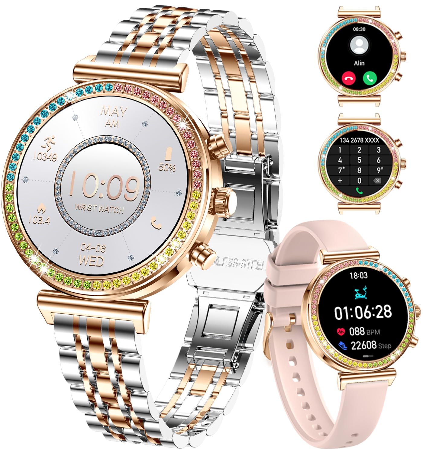 Smartwatch Fitness Da Donna, Display HD Da 1,27 Policy, Chiamata Bluetooth, Smartwatch Sportivo Impermeabile, Cardiofrequenzimetro, Contapassi - Compatibile Con Android e iOS (Oro bicolore)