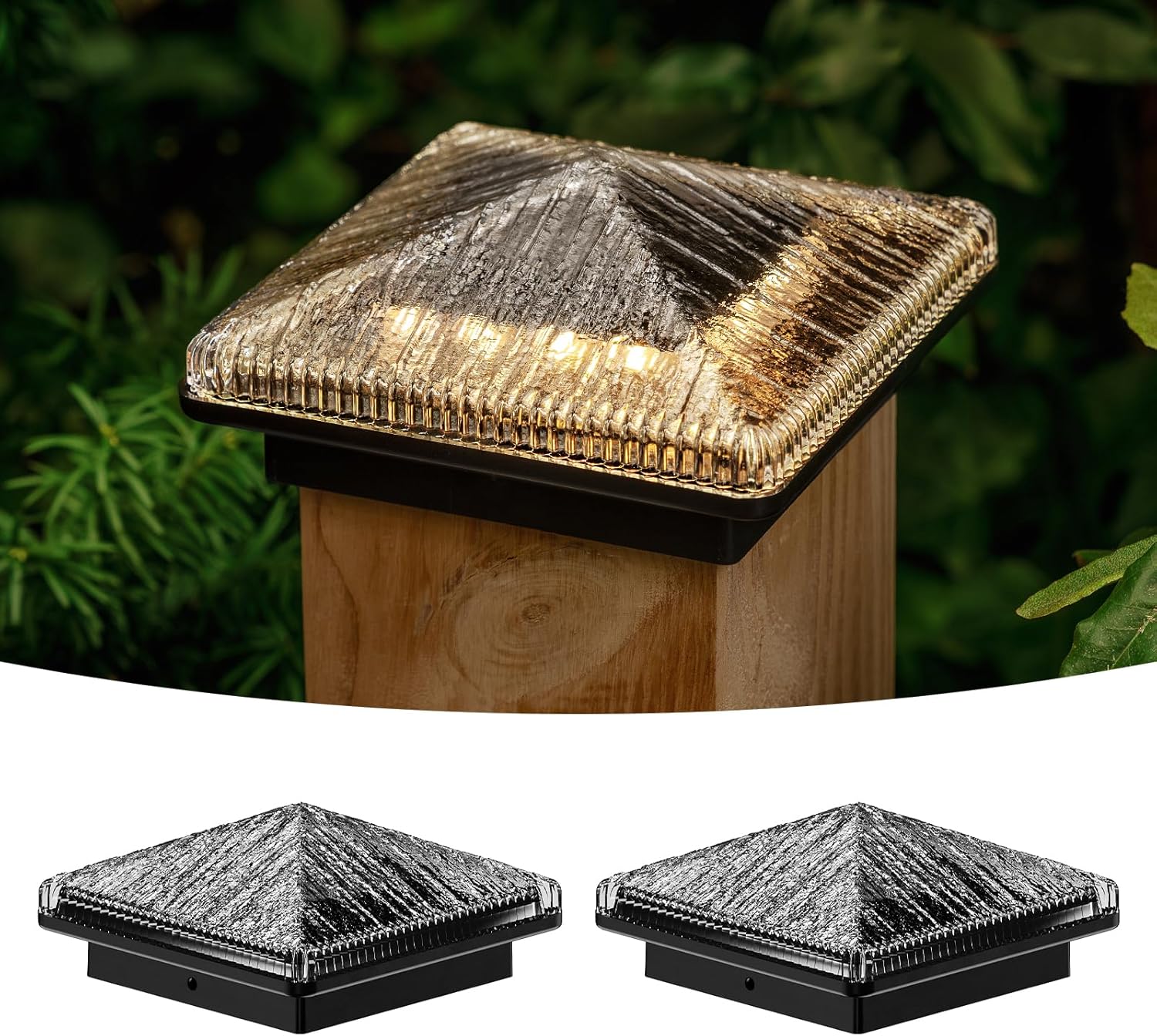 Glass Solar Post Cap Lights with Timber Style - Decorative Deck Fence Lights for 4x4 5x5 Posts Hidden Solar Panel, Modular Design, 10Hr Runtime, IP65, Warm White, Black, 2 Pack