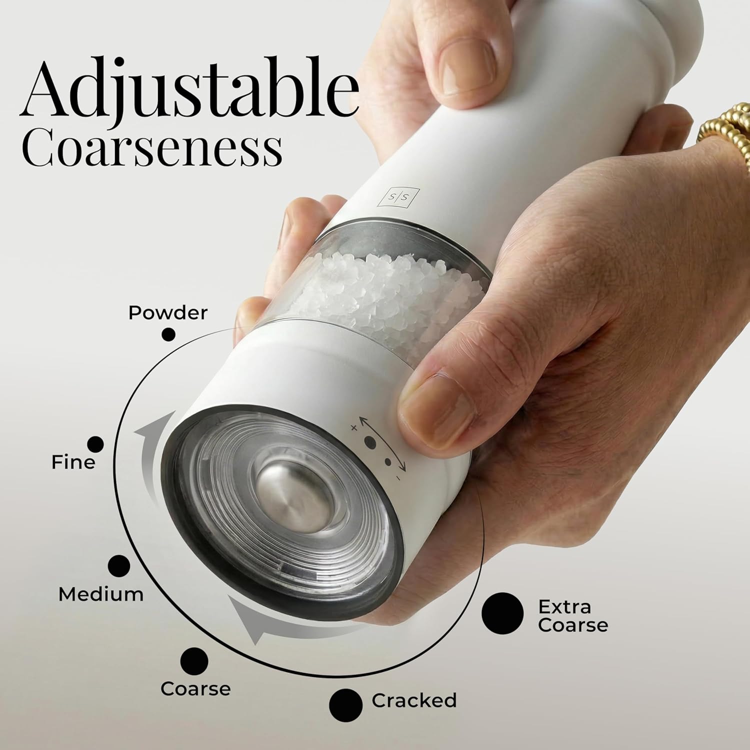 Electric Salt and Pepper Grinder Set - Styled Settings White Electric Salt and Pepper Shakers, Automatic Stainless Steel Set with LED Light, Battery Operated, Adjustable Coarseness, Wood Base