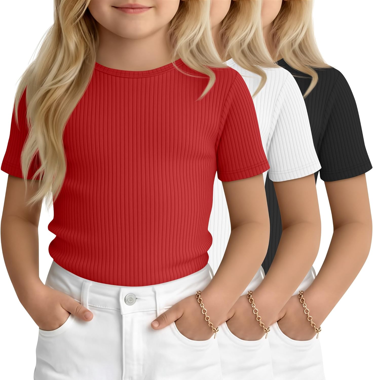 3 Pack Toddler Girls' Ribbed Shirts Short Sleeve Crew Neck T Shirts Knit Slim Fit Soft Solid Base Layer Tee 18M-5T
