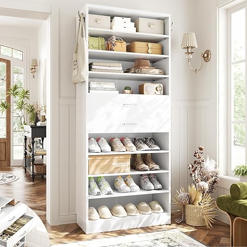 Aheaplus Tall Shoe Cabinet, 10 Tiers Wood Shoe Rack, Vertical Shoe Storage Organizer with 2 Drawers, Narrow Shoe Shelf Tower for 24-28 Pairs, Space