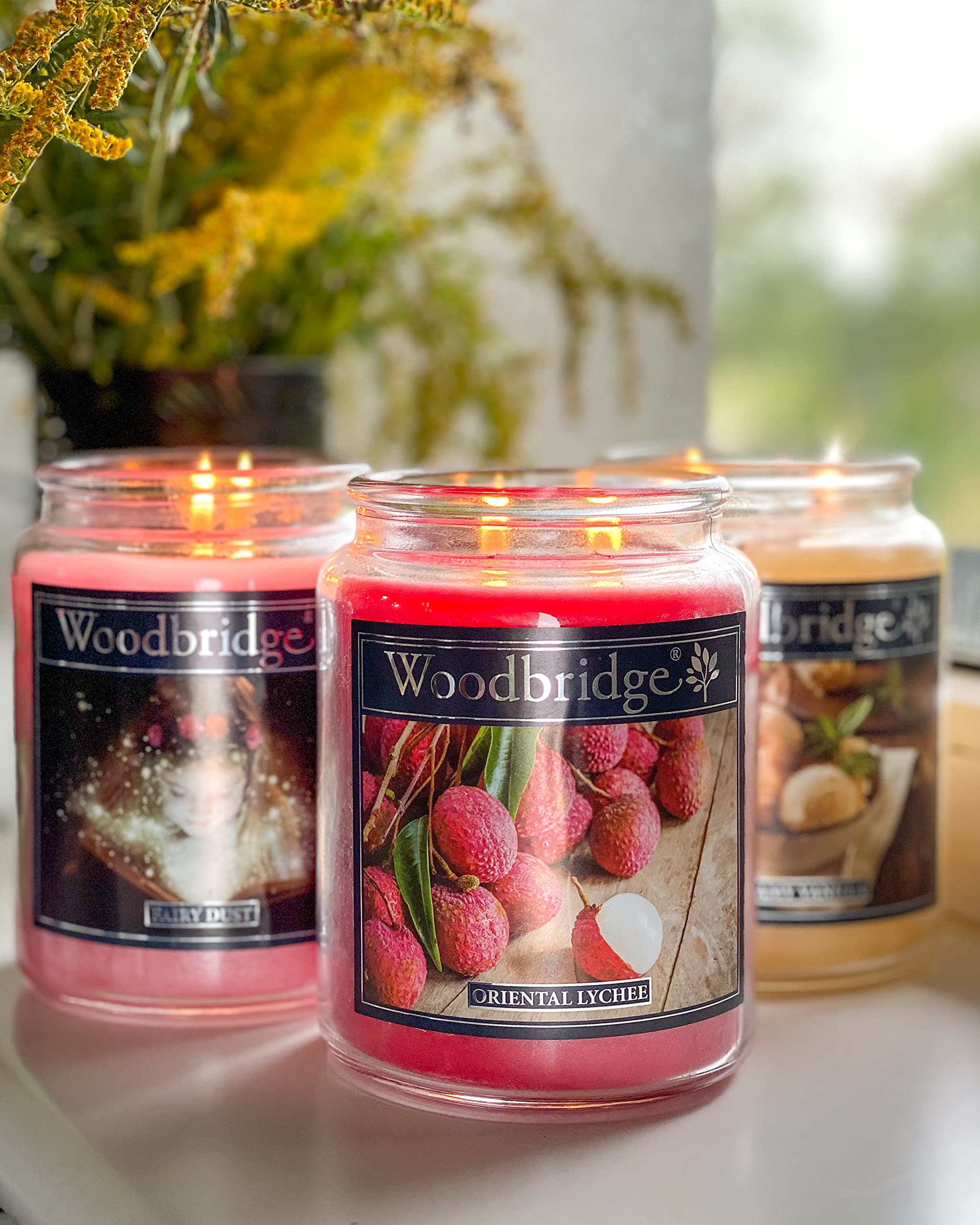 Woodbridge Große Duftkerze im Glas mit Deckel | Oriental Lychee | Duftkerze Fruchtig | Kerzen lange Brenndauer | Raumduft für Zuhause
