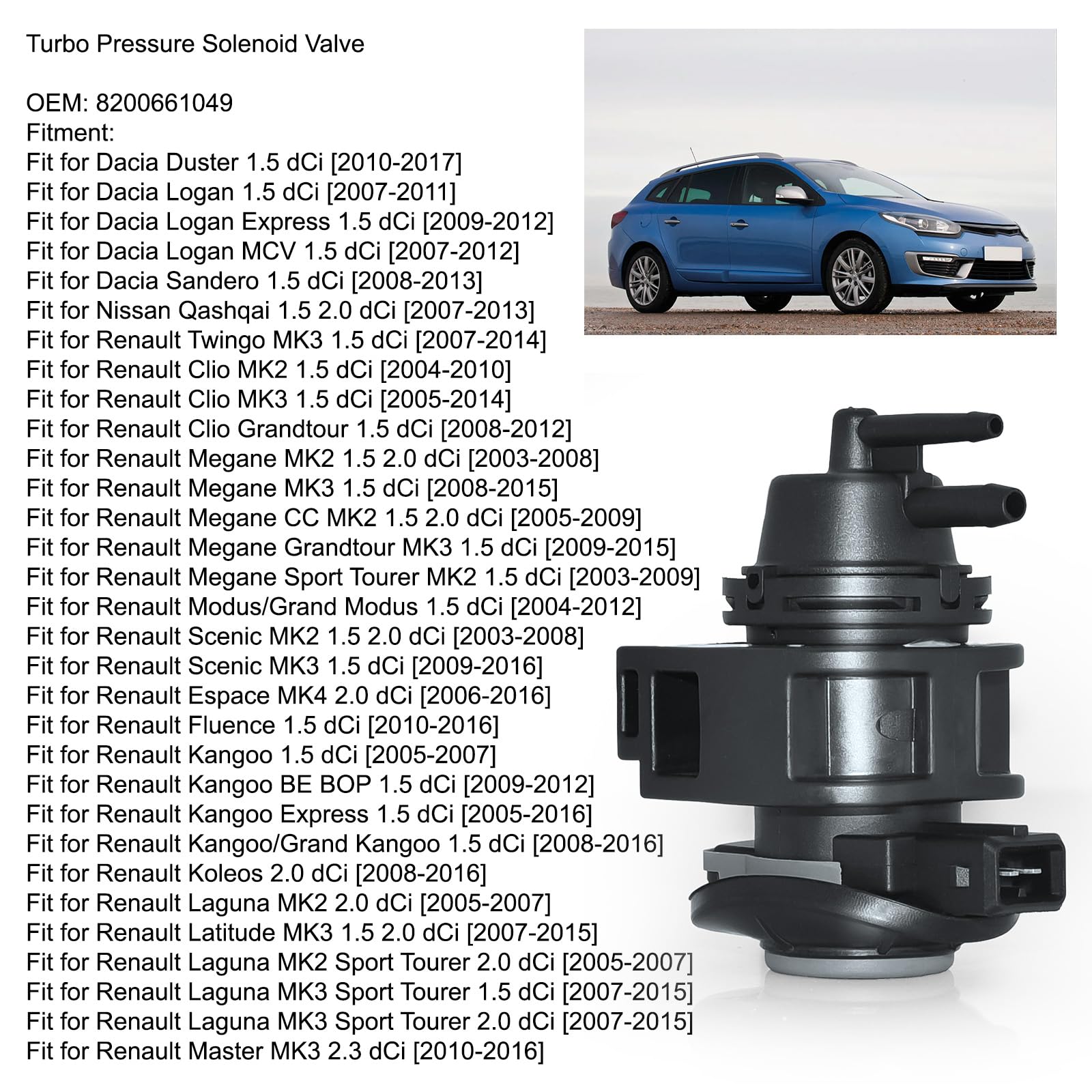 KAOLALI Válvula solenoide de control de presión de turbocompresor, 82 00661049, apto para Dacia Logan, Megan, Laguna