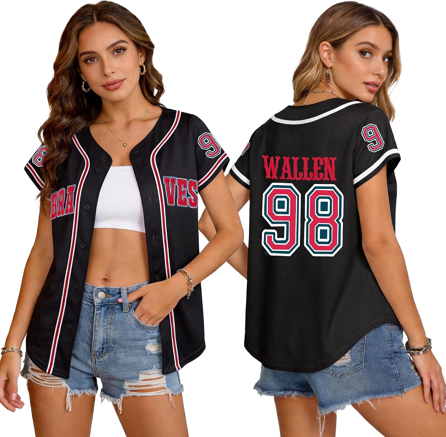 Women 98 Baseball Jersey Country Music Graphic Shirt Vintage Button Down Tshirt Fan Tops