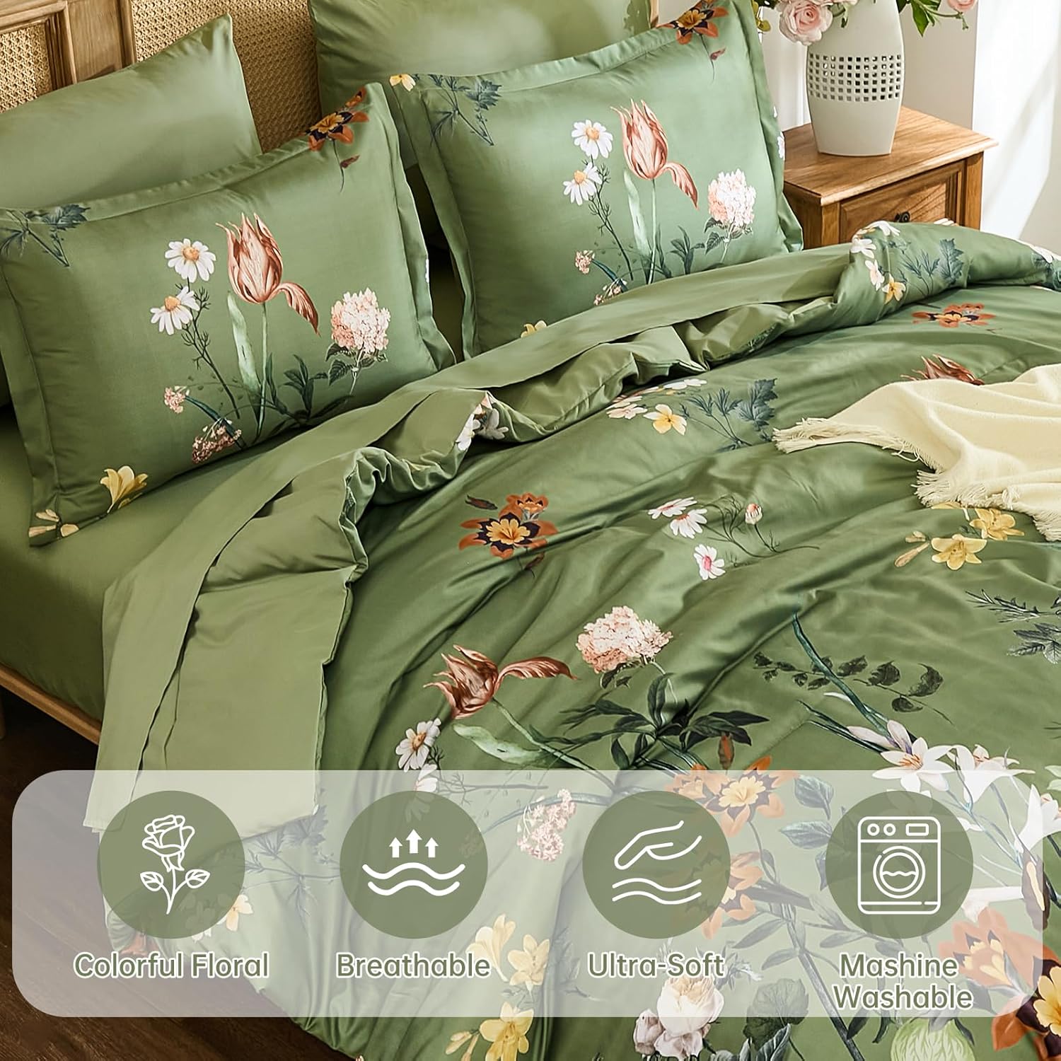 WONGS BEDDING Green Floral Comforter Set Queen, 7 Piece Bed in a Bag Bedding Set with Botanical Flowers Patterns, Soft Lightweight Complete Comforters with Sheets for All Season