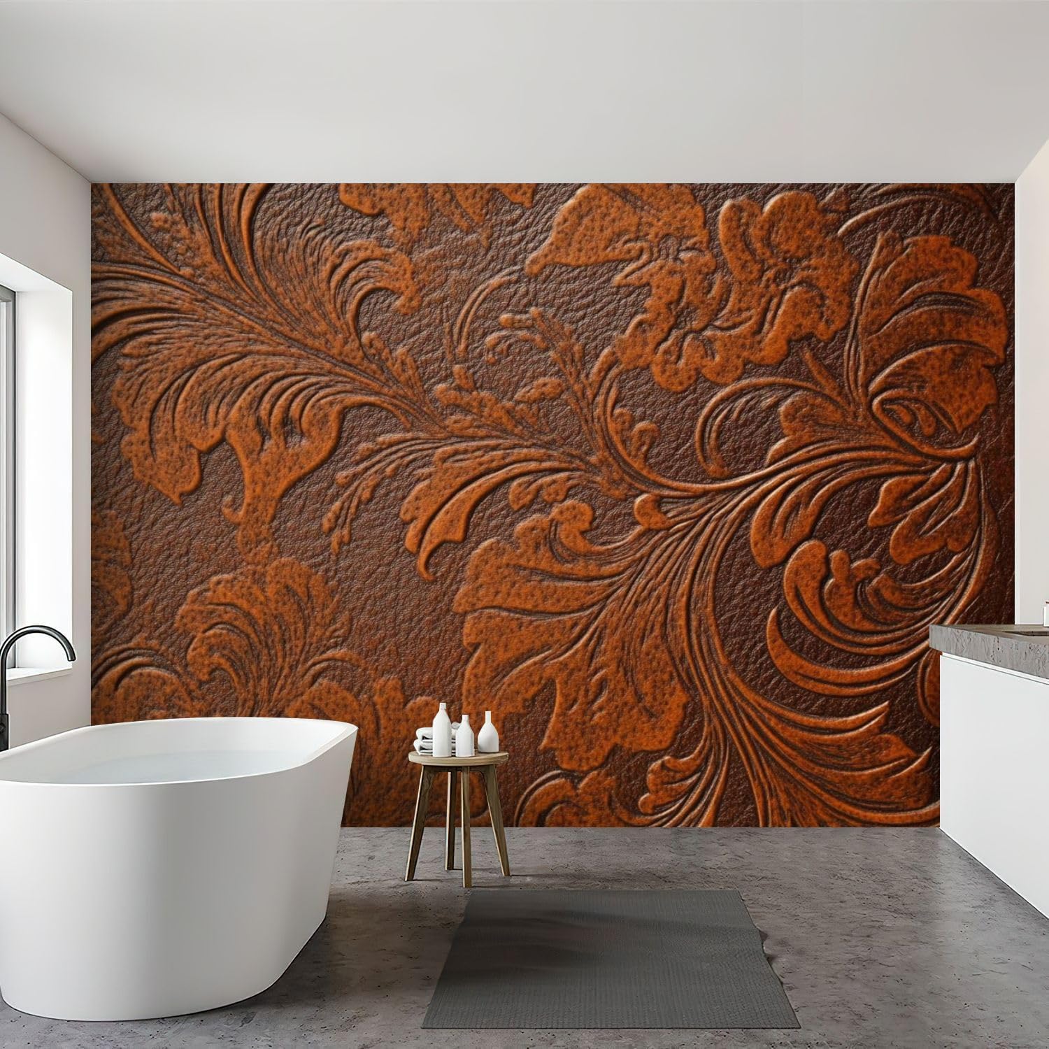 Wall Mural Peel & Stick Tooled Leather Classic Western Floral Self-Adhesive Wallpaper Removable Wall Decal Wall Sticker Home Decor for Living Room Bedroom 69"x98"