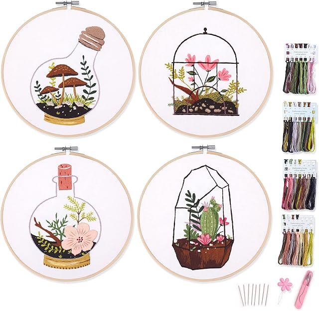 4 Sets of Myfilicity Embroidery Kits with Floral, Cactus, Mushroom Patterns, Including 4* Embroidery Cloth with pre-Printed Patterns, 4* Thread, 1* Hoop, etc.