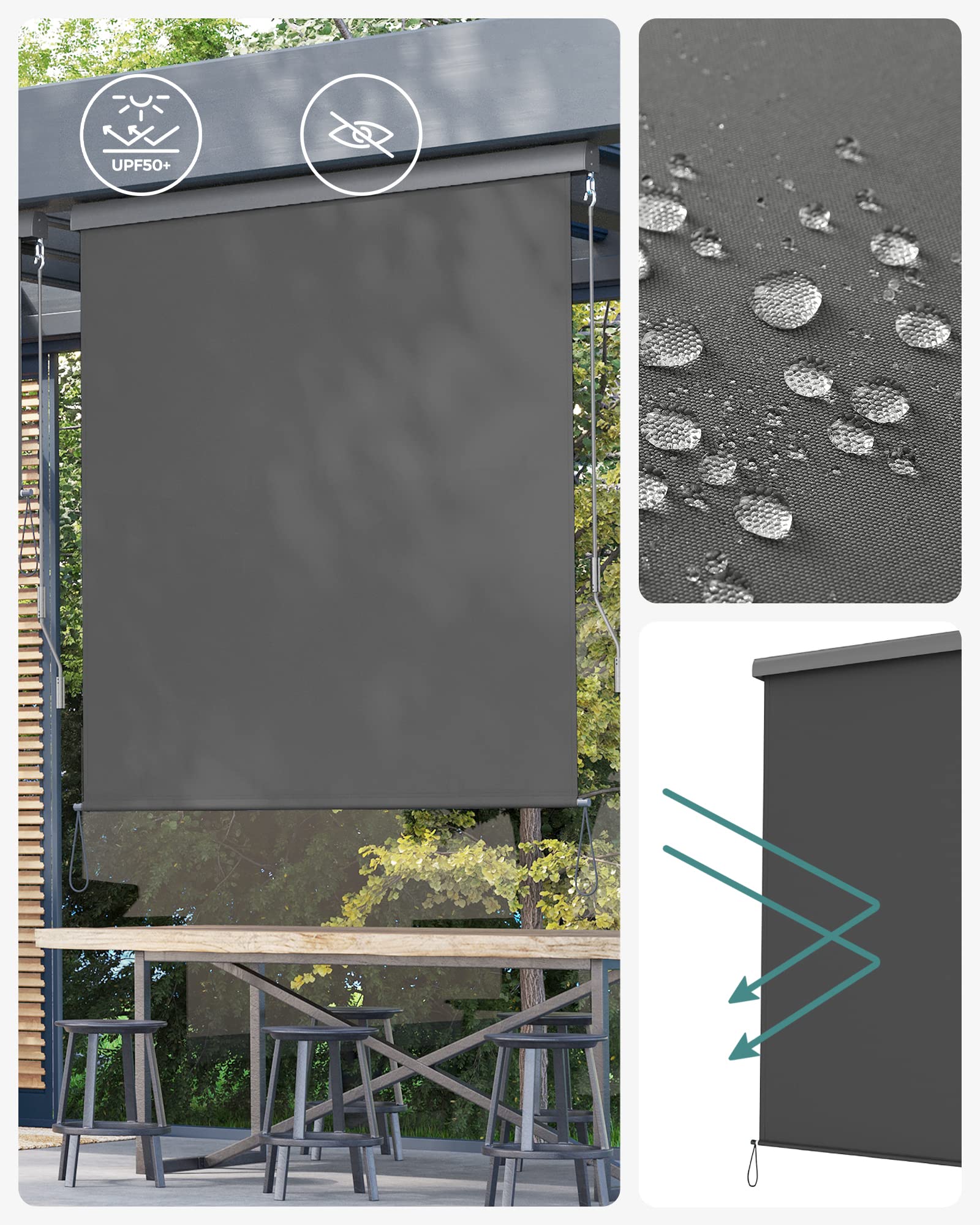 SONGMICS 2.5 x 1.6 m (H x L), Store Vertical, Brise-Vue rétractable, Paravent d’extérieur, Pare-Soleil, pour Balcon, Patio, terrasse et Jardin, avec boîtier, Protection de Vie privée, Gris GSA165GY
