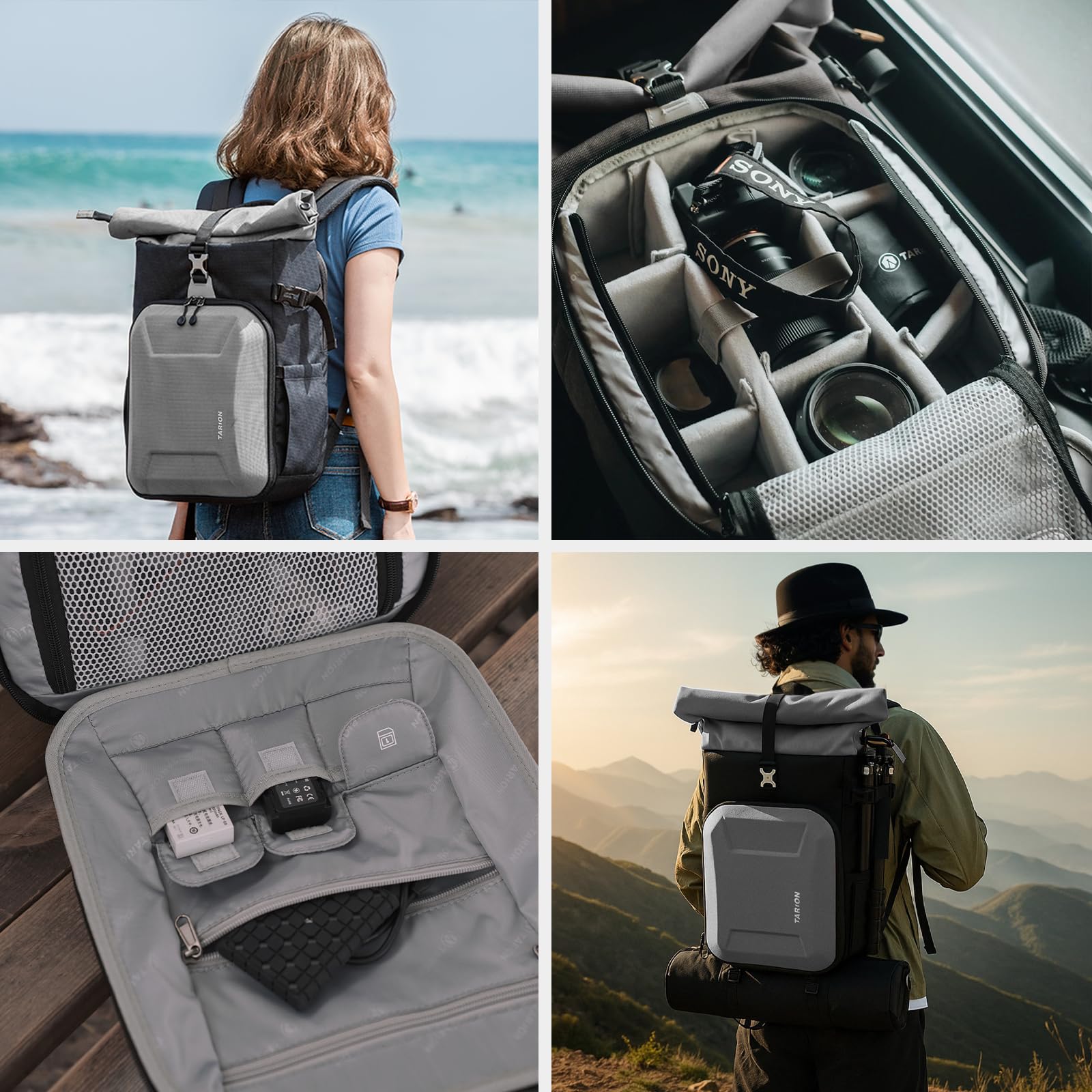 TARION Rolltop Mochila Cámara con Hardshell - Gran Bolsa Fotográfica con Funda Portátil 16 Pulgadas y Acceso Lateral Rápido - Mochila Fotografía DSLR con Cubierta Impermeable Soporte Trípode Gris XH