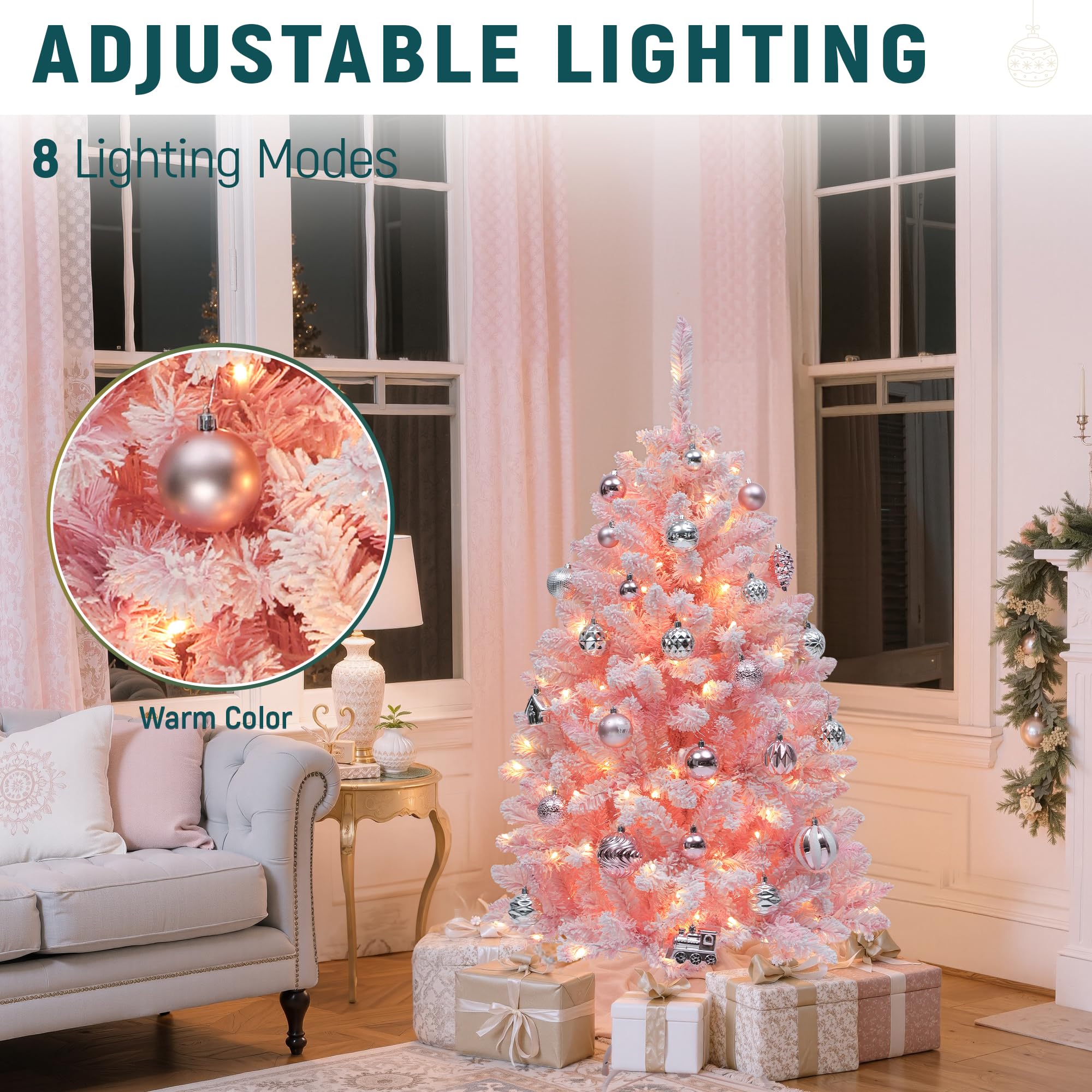 YITAHOME Árbol de Navidad Iluminado de 1,37 m de Color Rosa, con 400 Puntas de PVC flocadas y 200 Luces Blancas cálidas para decoración del hogar