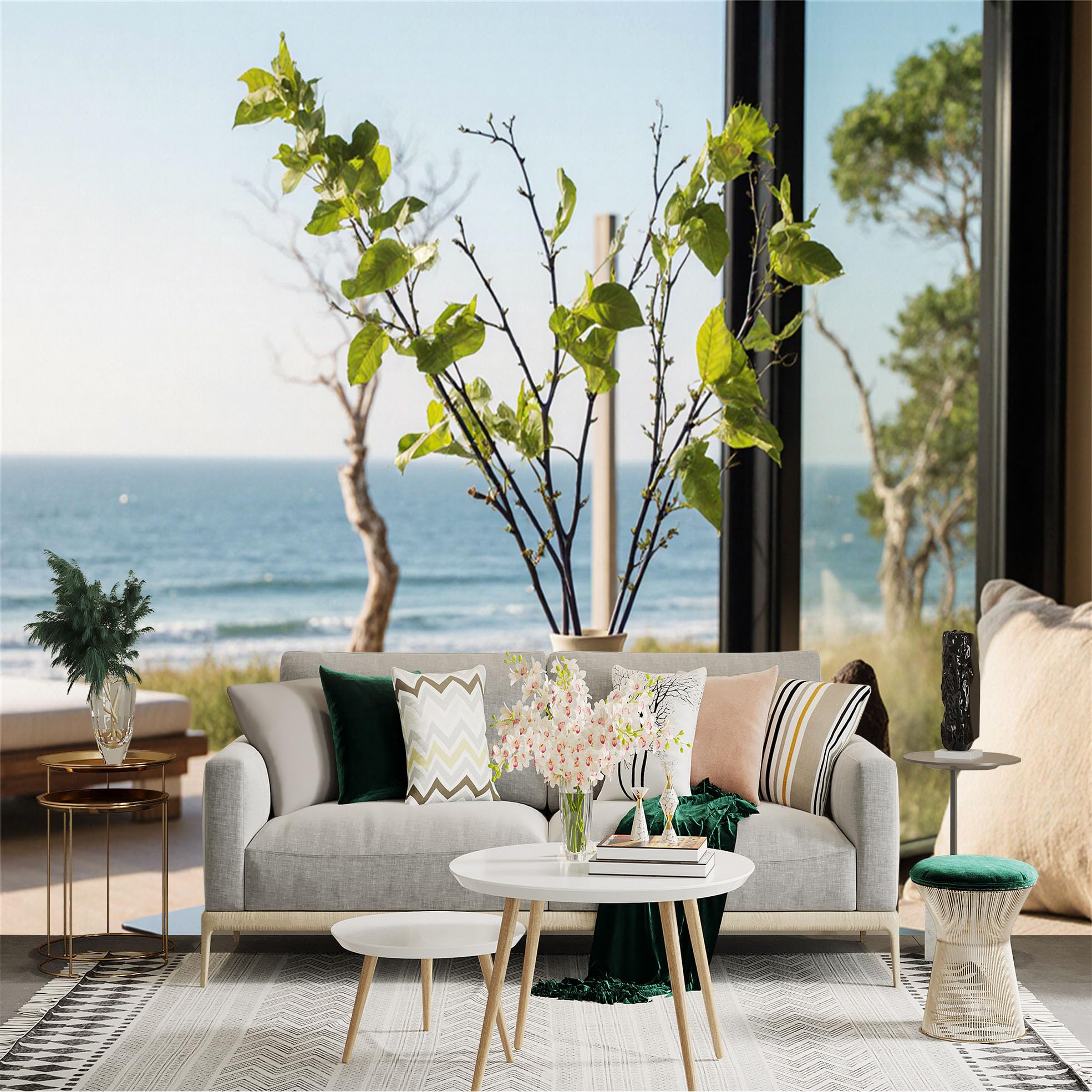 Custom Size Wall Sticker Mural， Minimalist Ceramic Vase with Fresh Green Branches， Ocean View Background， Serene Coastal Home Decor， for wall Decoration， peelandstick wall Decals.