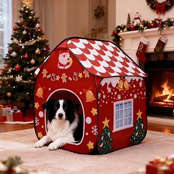 Foldable Indoor Dog House with Christmas Design - Portable Pet Shelter for Dogs, Ideal for Living Room & Bedroom Holiday Decor