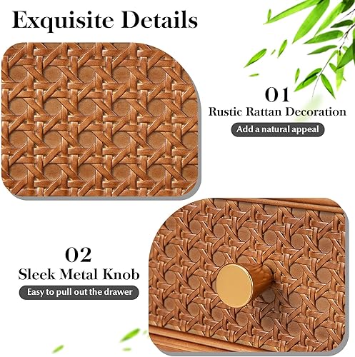 Miniatura 4 de Giantex Juego de 2 mesitas de noche de ratán, mesa auxiliar bohemia con cajón de almacenamiento decorado de ratán y patas de madera maciza, mesa de