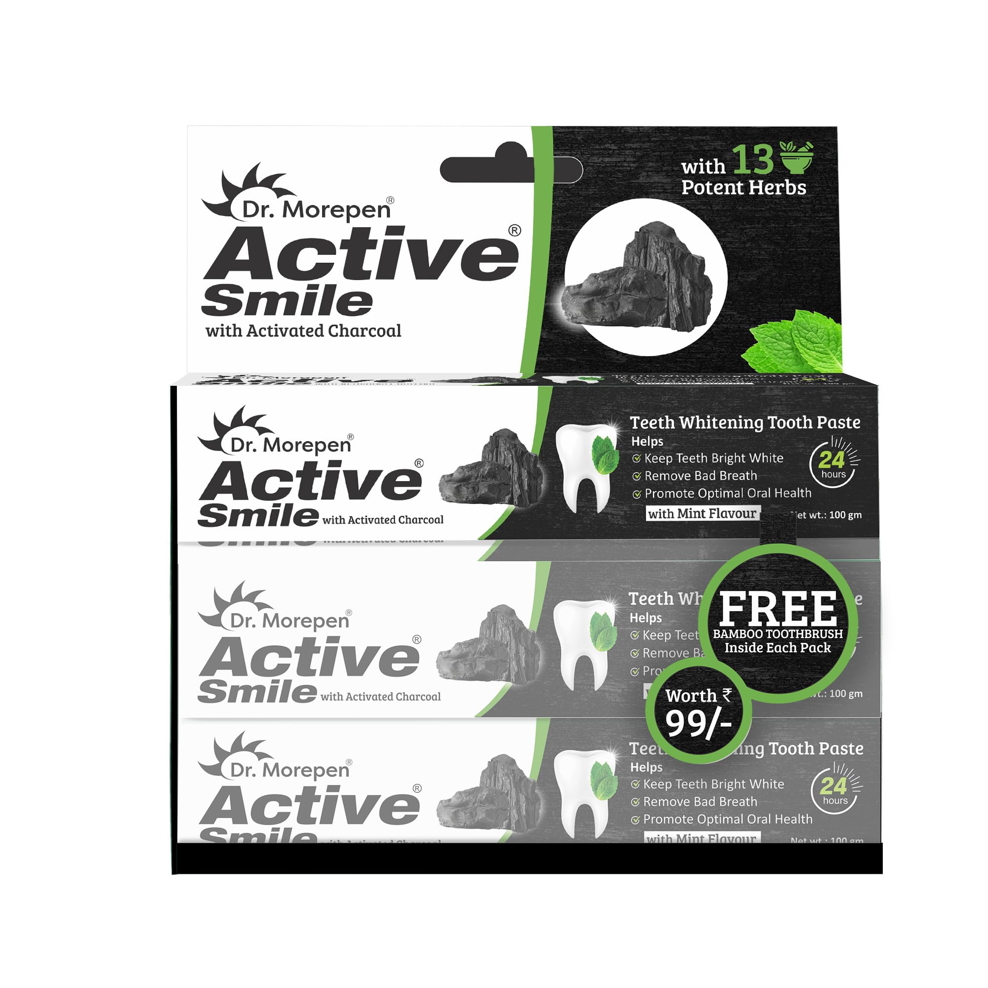 Dr. Morepen Active Smile Charcoal Toothpaste with Bamboo Brush 100 gm - Pack of 6-picture-10