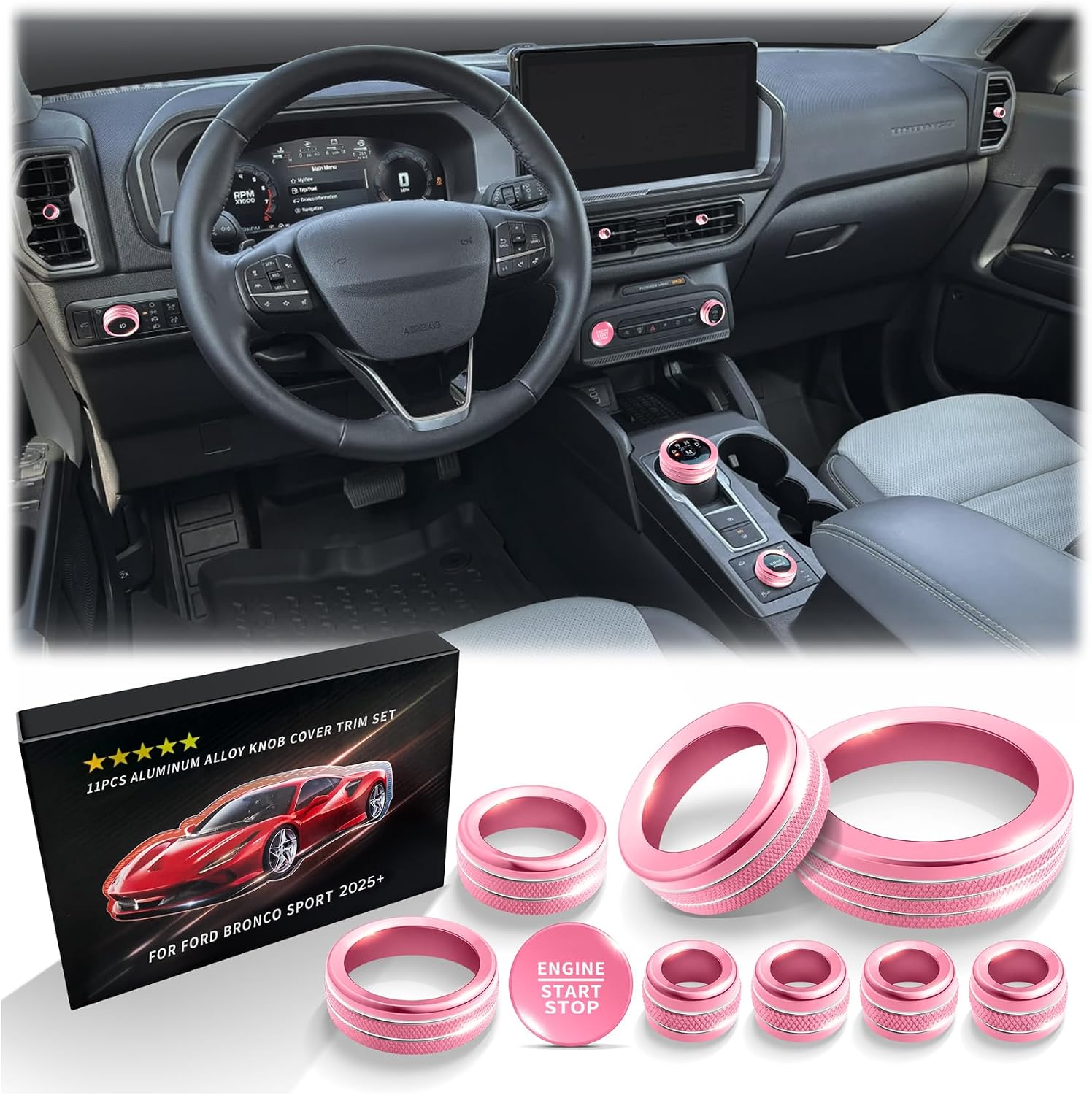 Polodunn for 2025 Ford Bronco Sport Accessories (No fits Bronco), 9pcs Aluminum Alloy Knob Cover Trim Kit - Push Start, Air Vents, Volume, Headlight, Gear Shift & Mode Switch (Pink)