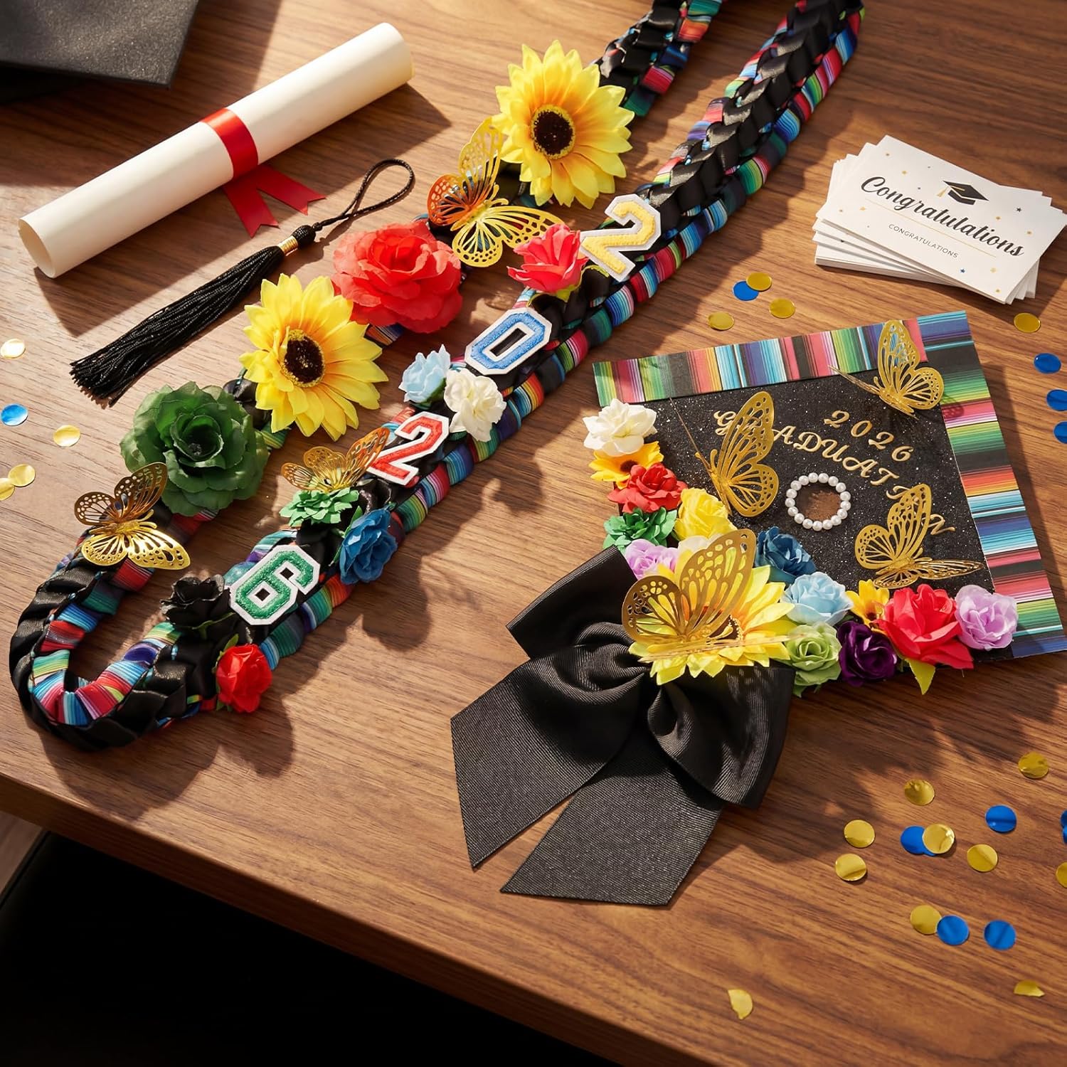 Dunzoom 100 Pcs DIY Mexican Graduation Leis and Cap Decorations Kit 55''Double Braided Graduation Ribbon Lei Artificial Flower 3D Butterfly Glitter Paper Grad Cap Topper Accessory for 2026 Grad