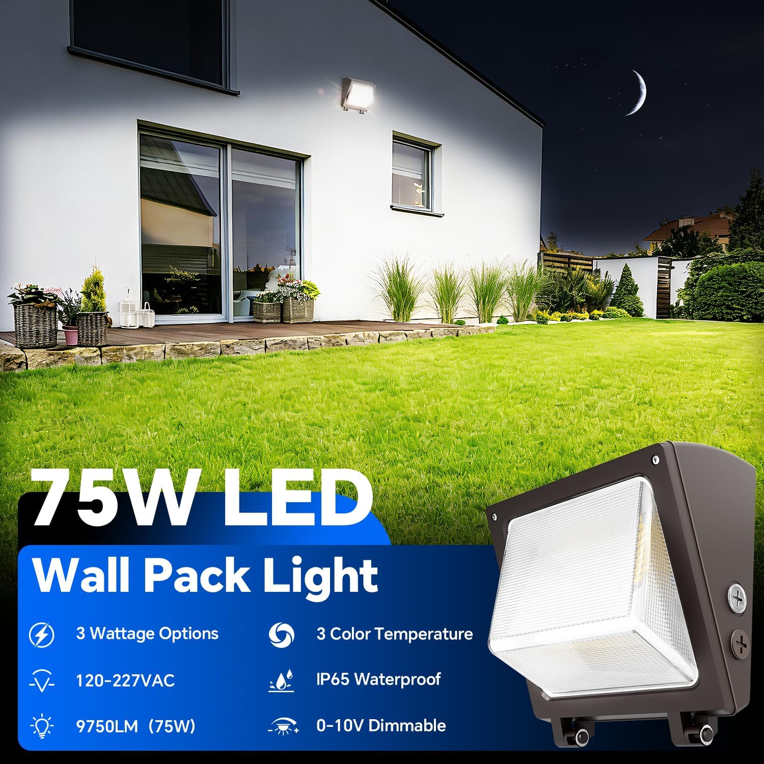 LED Wall Pack Light 75W/60W/45W with Dusk to Dawn Photocell, 9750LM 6000K/5000K/4000K Daylight, Waterproof Energy Save Commercial Outdoor Light for Warehouse Factory Yard, ETL Listed (1Pack)