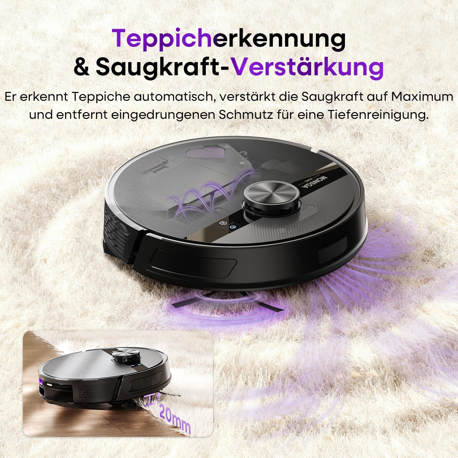 MONSGA Saugroboter mit Wischfunktion,5000Pa Saugkraft,180Min Laufzeit,Anti-Tangle-System,LiDAR Navigation, Staubsauger Roboter für Teppich, Tierhaare, APP & Fernbedienung Steuerung (Schwarz)