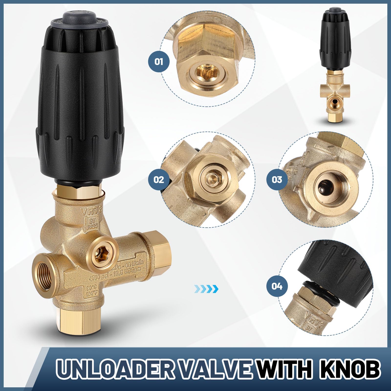 Threlaco 2 válvulas descargadoras de lavadora a presión VRT3-310, 4500 PSI máximo, 10.5 GPM máximo (40 L/min), salida F de 3/8 pulgadas, resorte negro