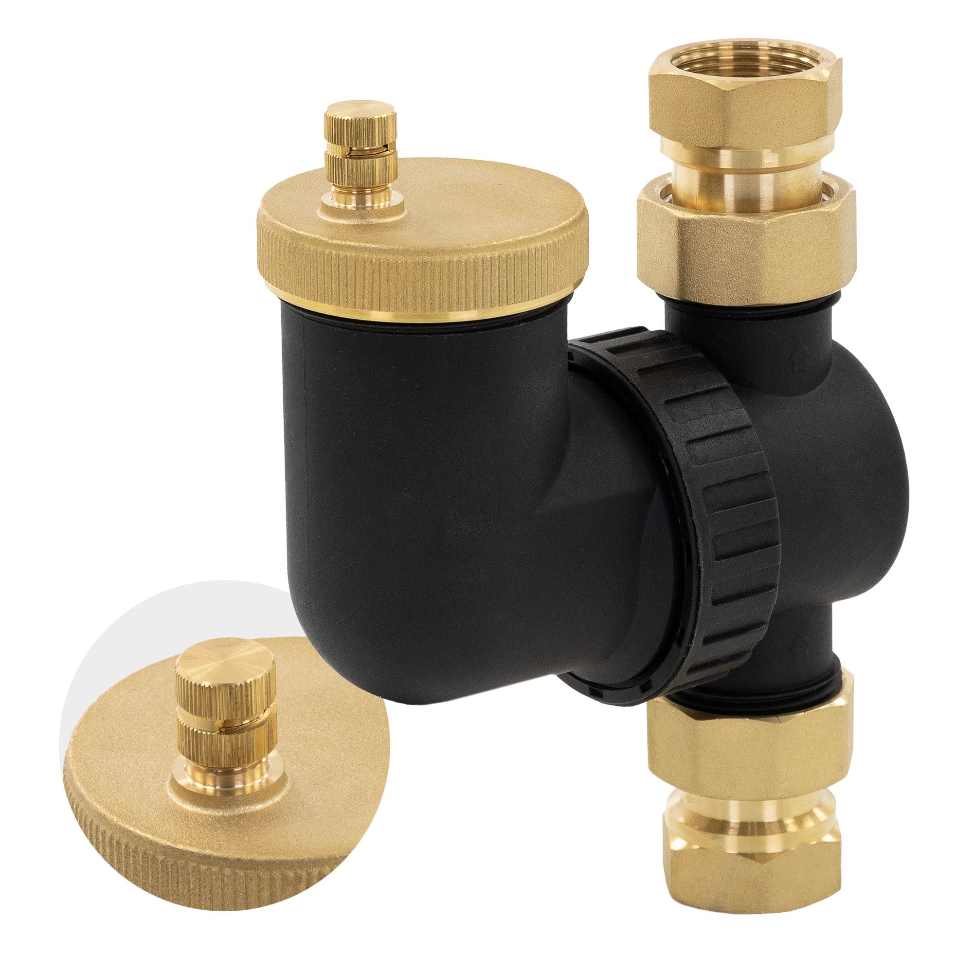 LuxeBath Separatore d'Aria ad Acqua Calda con Valvola di Sfiato Automatica Filtro per Tubazione di Mandata, Montabile in Orizzontale e in Verticale Corpo in Plastica, Raccordi in Ottone