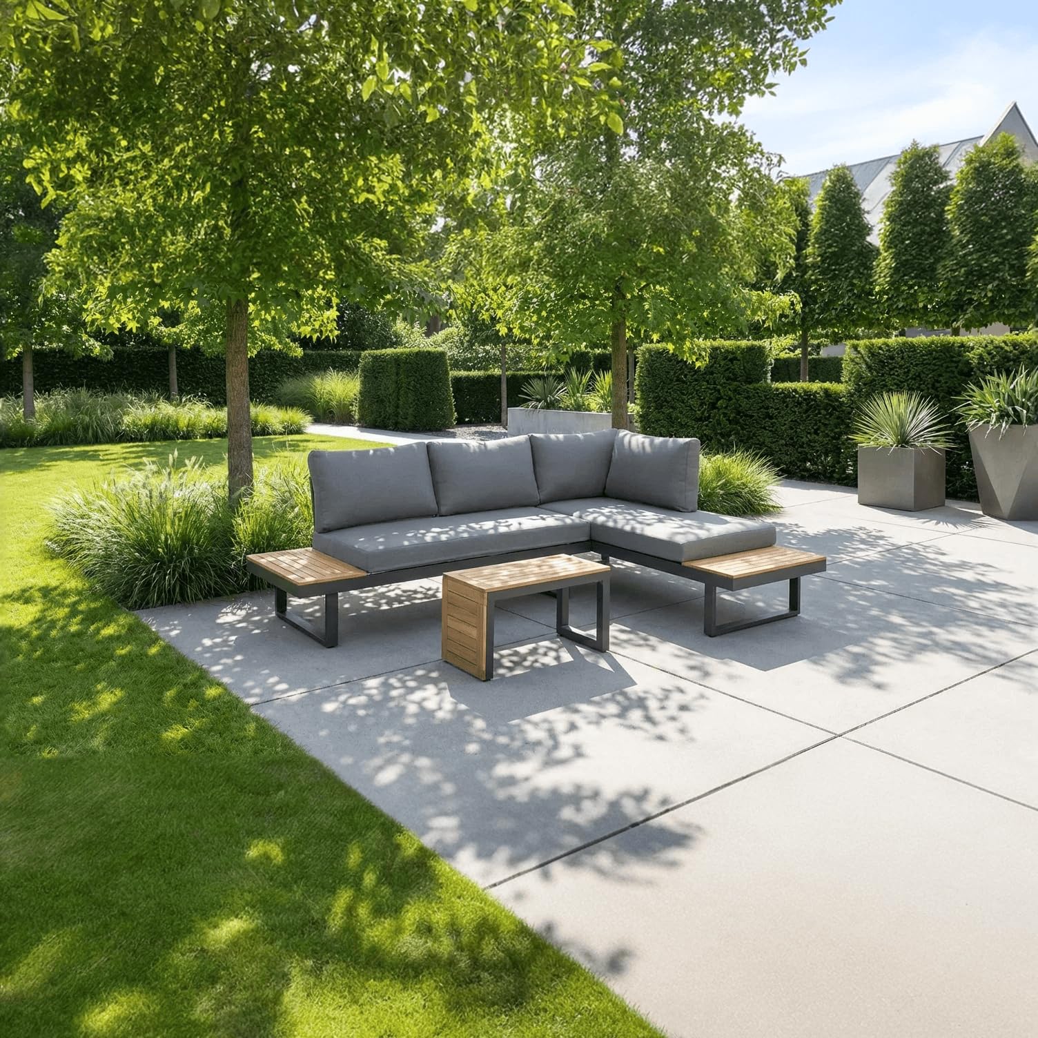 greemotion Lounge-Set Samara, Gartenmöbel-Set aus Aluminium, inklusive Kissen, Anthrazit / Holzfarben / Grau, Mittel
